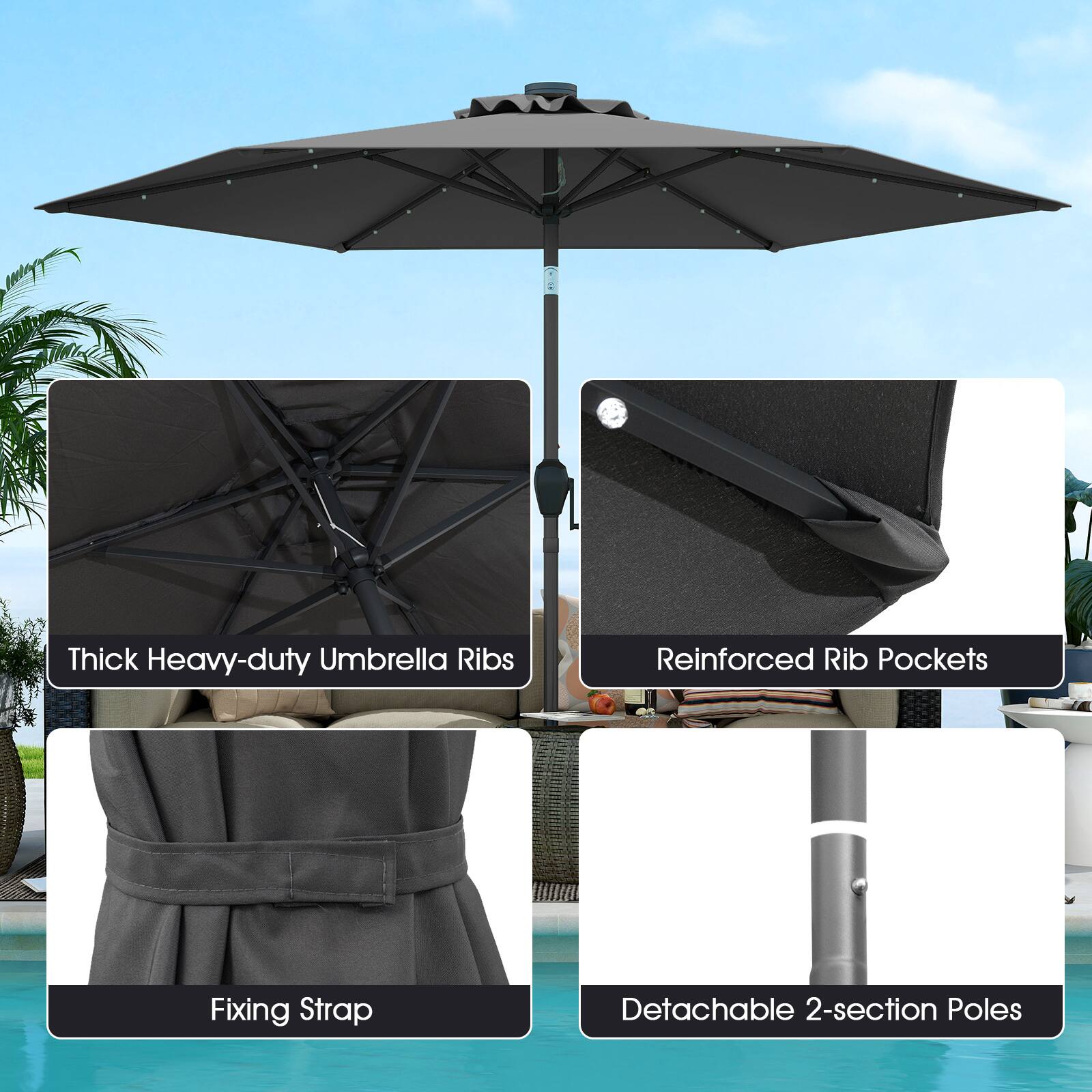 Thick Heavy-duty Umbrella Ribs, Reinforced Rib Pockets, Fixing Strap, Detachable 2-section Poles