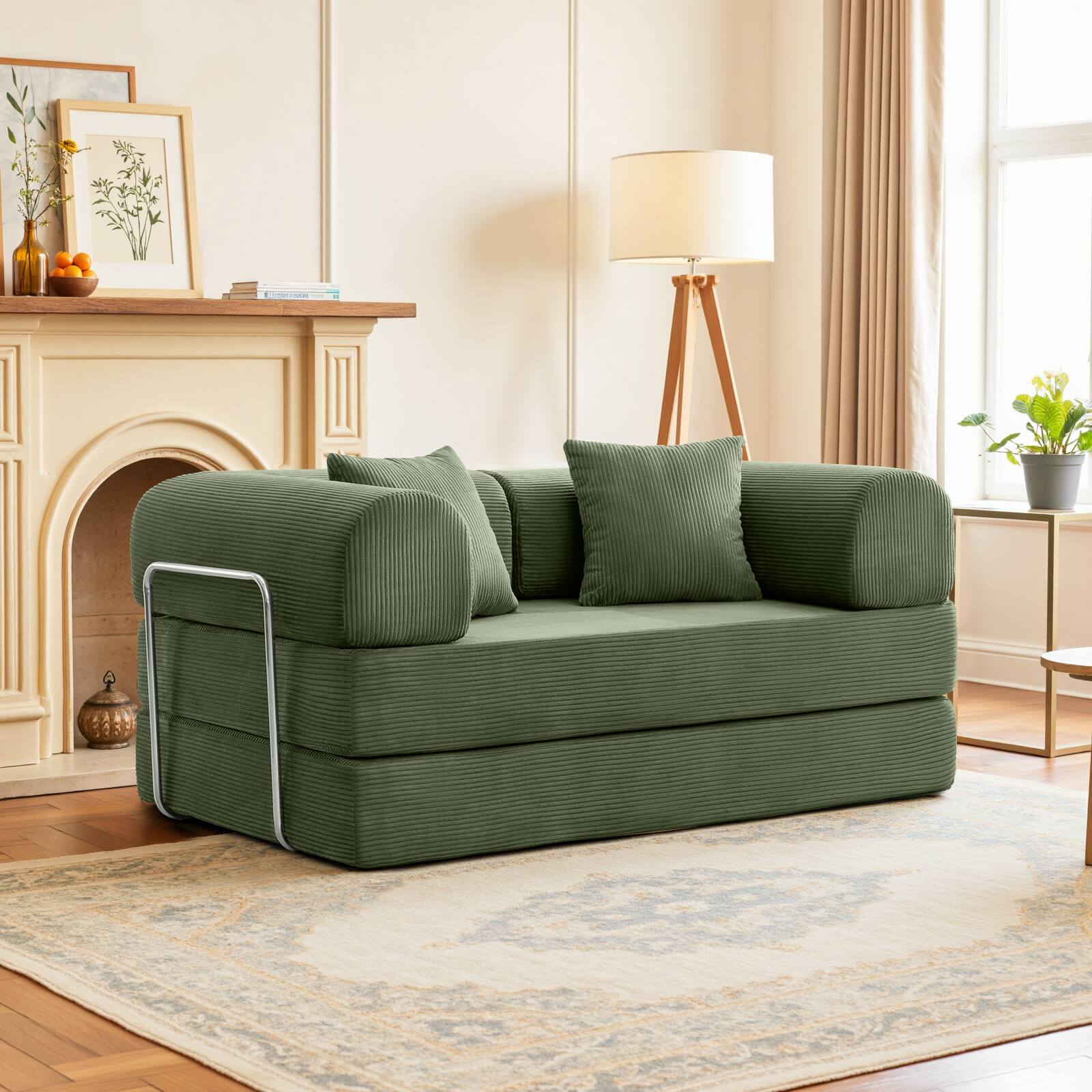 Alt View 4. KERDOM - 62'' Wide Corduroy Sleeper Sofa Bed, Convertible Loveseat Sofa With Pull-out Bed, Foldable Spliced Block Lounge Couch - Olive Green.