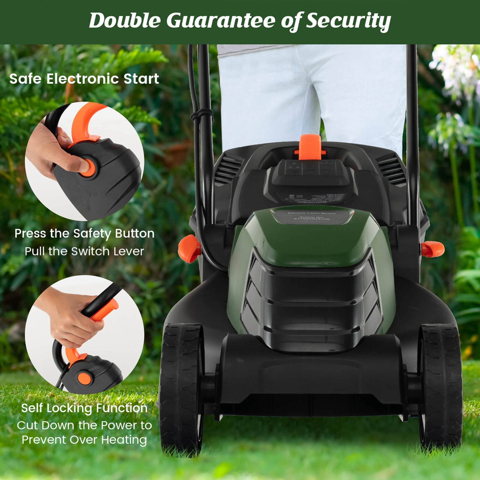 Double Guarantee of Security: Safe Electronic Start - Press the Safety Button, Pull the Switch Lever, Self Locking Function, Cut Down the Power to Prevent Over Heating.