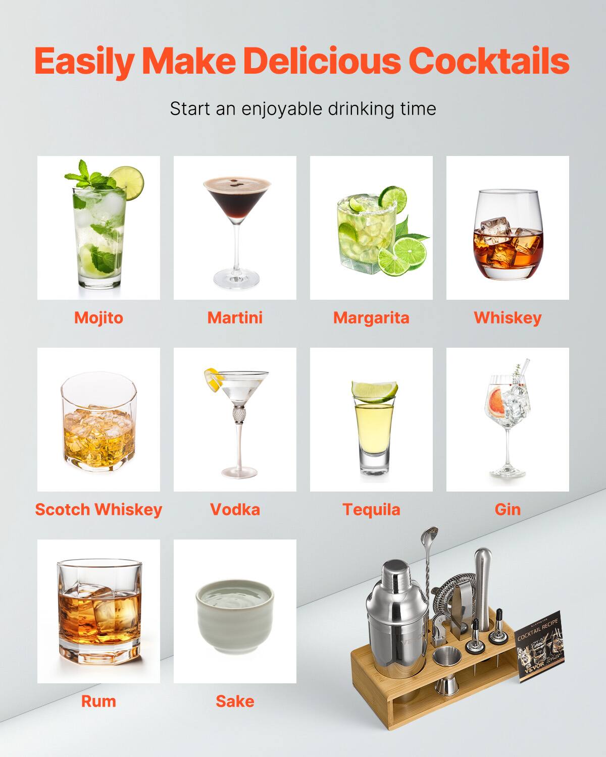 Easily Make Delicious Cocktails  
Start an enjoyable drinking time  

- Mojito  
- Martini  
- Margarita  
- Whiskey  
- Scotch Whiskey  
- Vodka  
- Tequila  
- Gin  
- Rum  
- Sake  

Cocktail Recipe Book