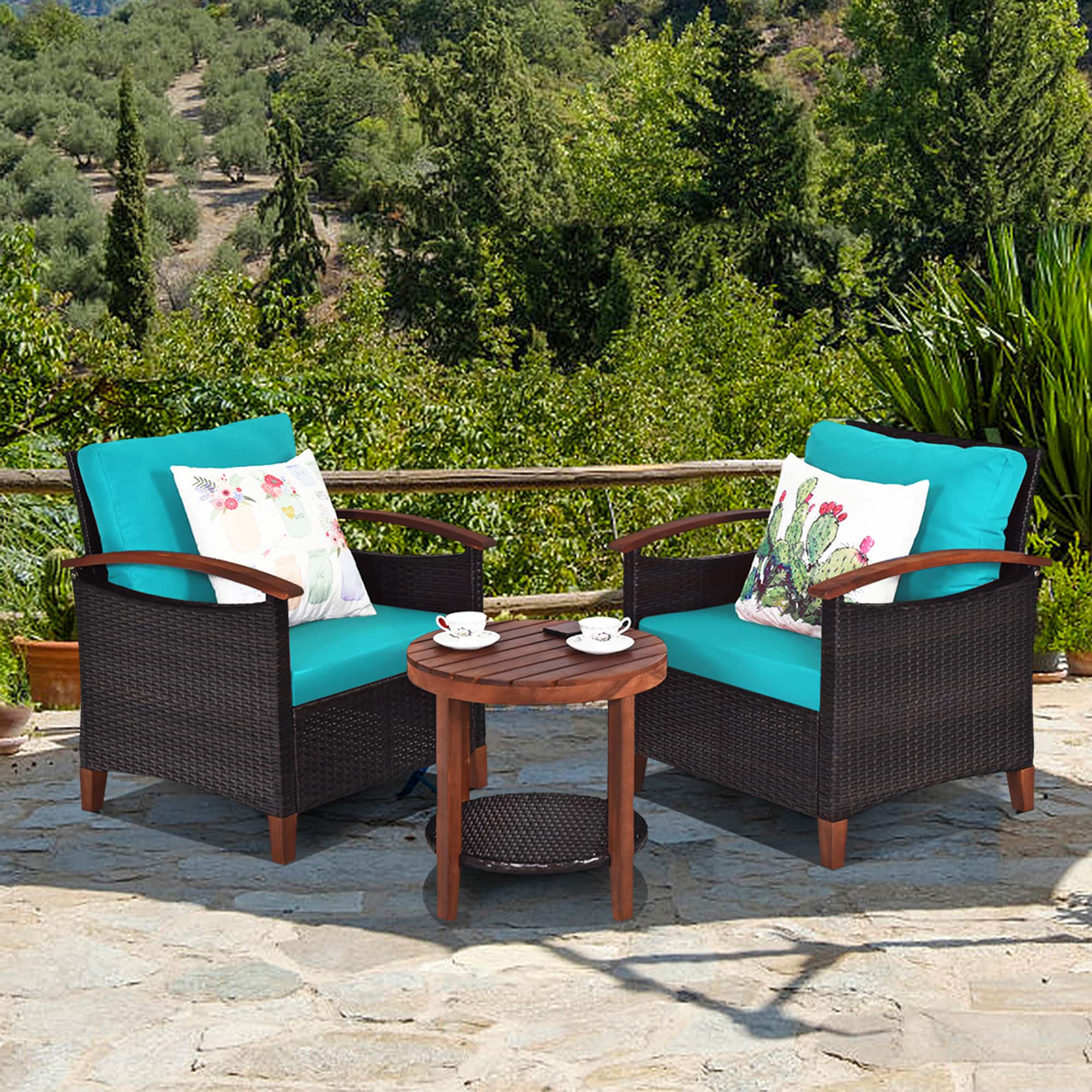 Gymax - 3PCS Patio Wicker Rattan Conversation Set Outdoor Furniture Set w/ Cushion - Turquoise price history on PriceWatchPro
