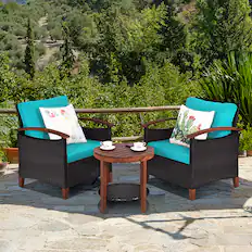 Front. Gymax - Gymax 3PCS Patio Wicker Rattan Conversation Set Outdoor Furniture Set w/ Turquoise Cushion - Turquoise.
