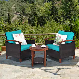 Gymax - 3PCS Patio Wicker Rattan Conversation Set Outdoor Furniture Set w/ Cushion - Turquoise