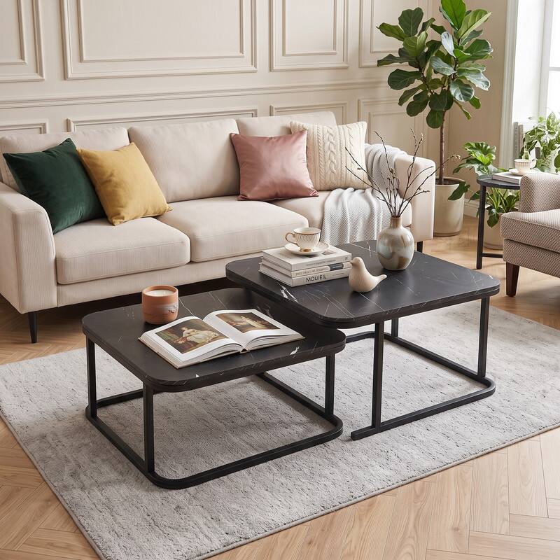 Angle. WELLFOR - Square Nesting Coffee Table Set of 2 with Faux Marble Top and Metal Frame, Coffee Table Set, Suitable for Living Rooms - Black.