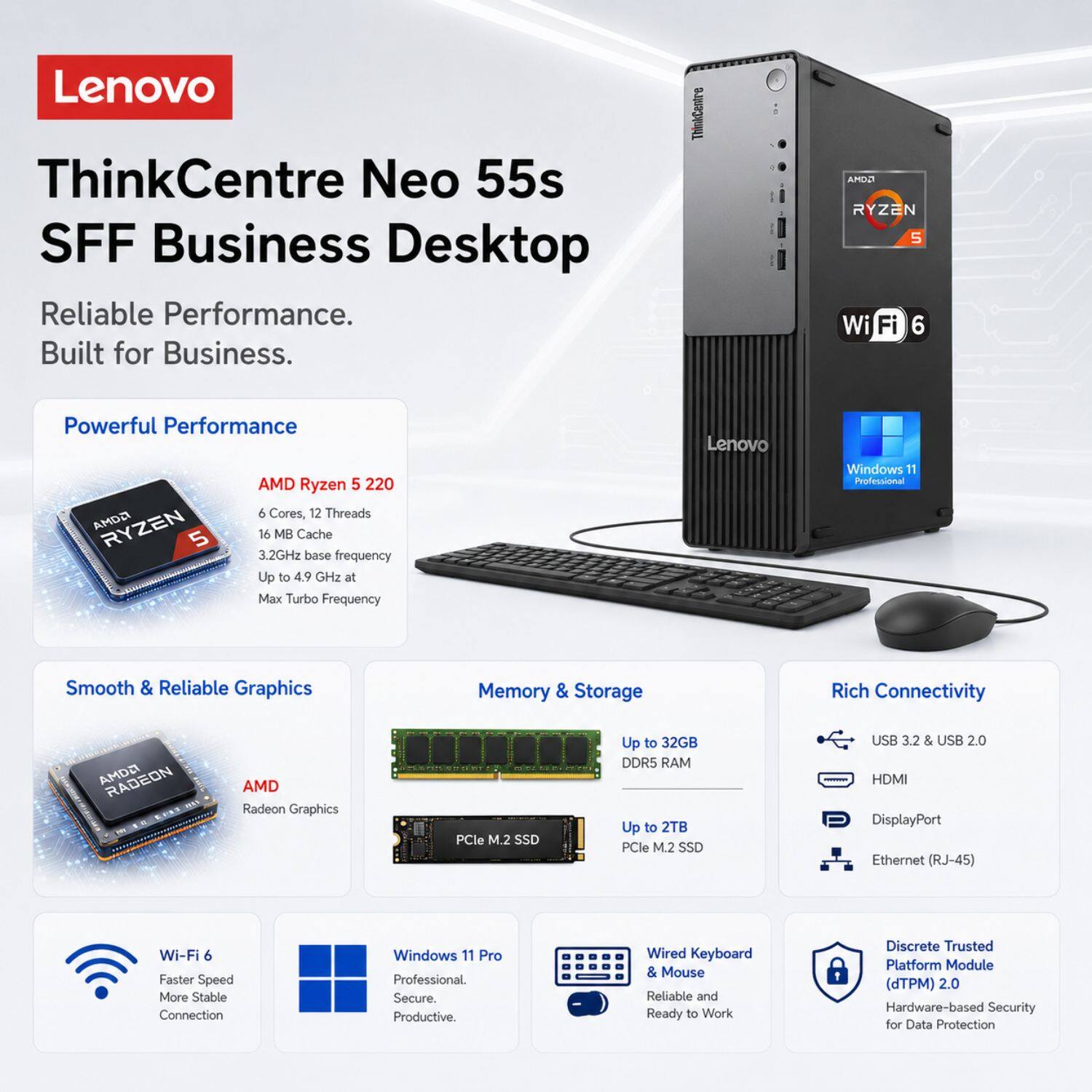 Lenovo ThinkCentre Neo 55s SFF Business Desktop

Reliable Performance. Built for Business.

Powerful Performance
- AMD Ryzen 5 220
  - 6 Cores, 12 Threads
  - 16 MB Cache
  - 3.2GHz base frequency
  - Up to 4.9 GHz at Max Turbo Frequency

Smooth & Reliable Graphics
- AMD Radeon Graphics

Memory & Storage
- Up to 32GB DDR5 RAM
- Up to 2TB PCIe M.2 SSD

Rich Connectivity
- USB 3.2 & USB 2.0
- HDMI
- DisplayPort
- Ethernet (RJ-45)
- Wi-Fi 6

Windows 11 Pro
- Professional
- Secure
- Productive

Wired Keyboard & Mouse
- Reliable and Ready to Work

Discrete Trusted Platform Module (TPM) 2.0
- Hardware-based Security for Data Protection