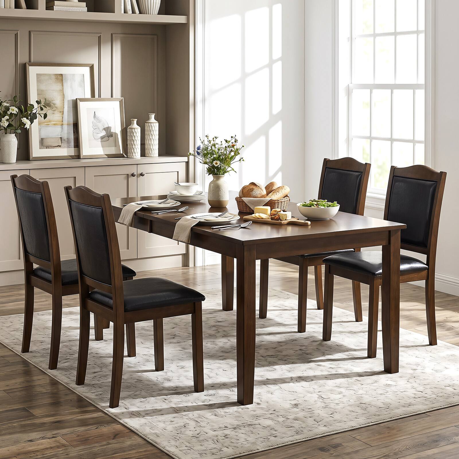 Alt View 3. Gymax - Gymax Wooden Dining Chairs Set of 4 Faux Leather Upholstered Kitchen Side Chairs Walnut & Black - Brown.