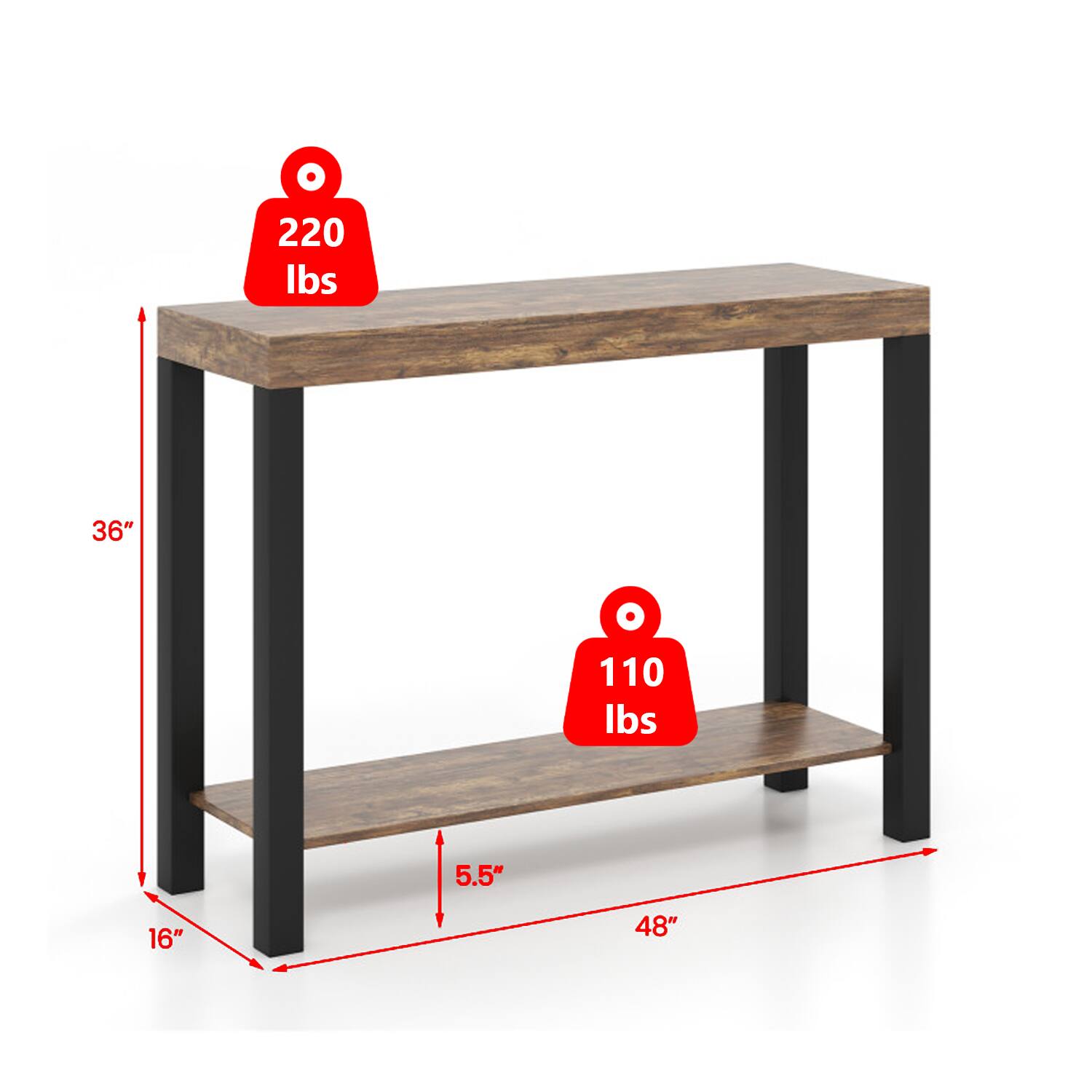 220 lbs  
36"  
110 lbs  
5.5"  
16"  
48"