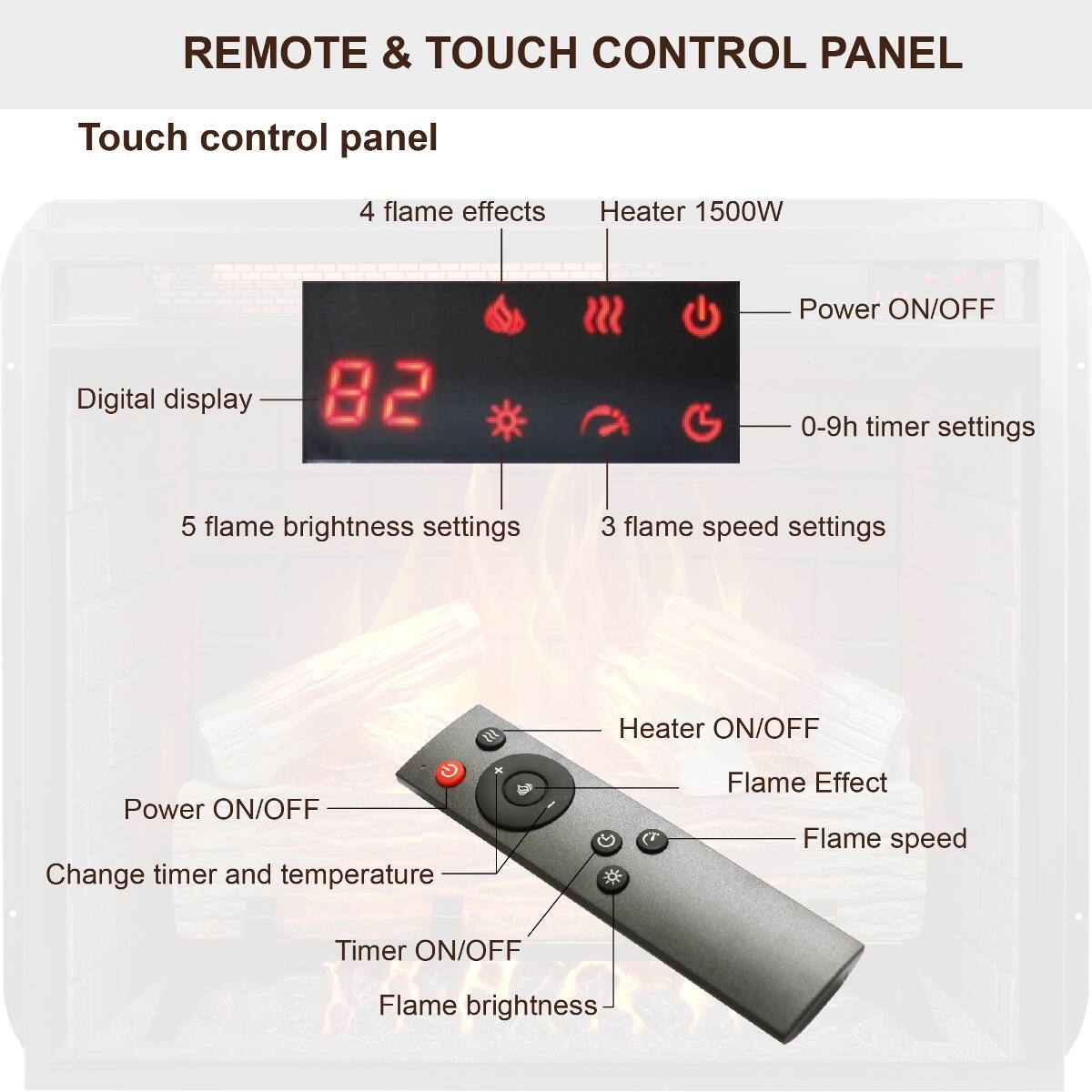 REMOTE & TOUCH CONTROL PANEL

Touch control panel
- 4 flame effects
- Heater 1500W
- Digital display
- 5 flame brightness settings
- 3 flame speed settings

Power ON/OFF
- 0-9h timer settings

Heater ON/OFF
- Flame Effect
- Flame speed

Remote control
- Power ON/OFF
- Change timer and temperature
- Timer ON/OFF
- Flame brightness