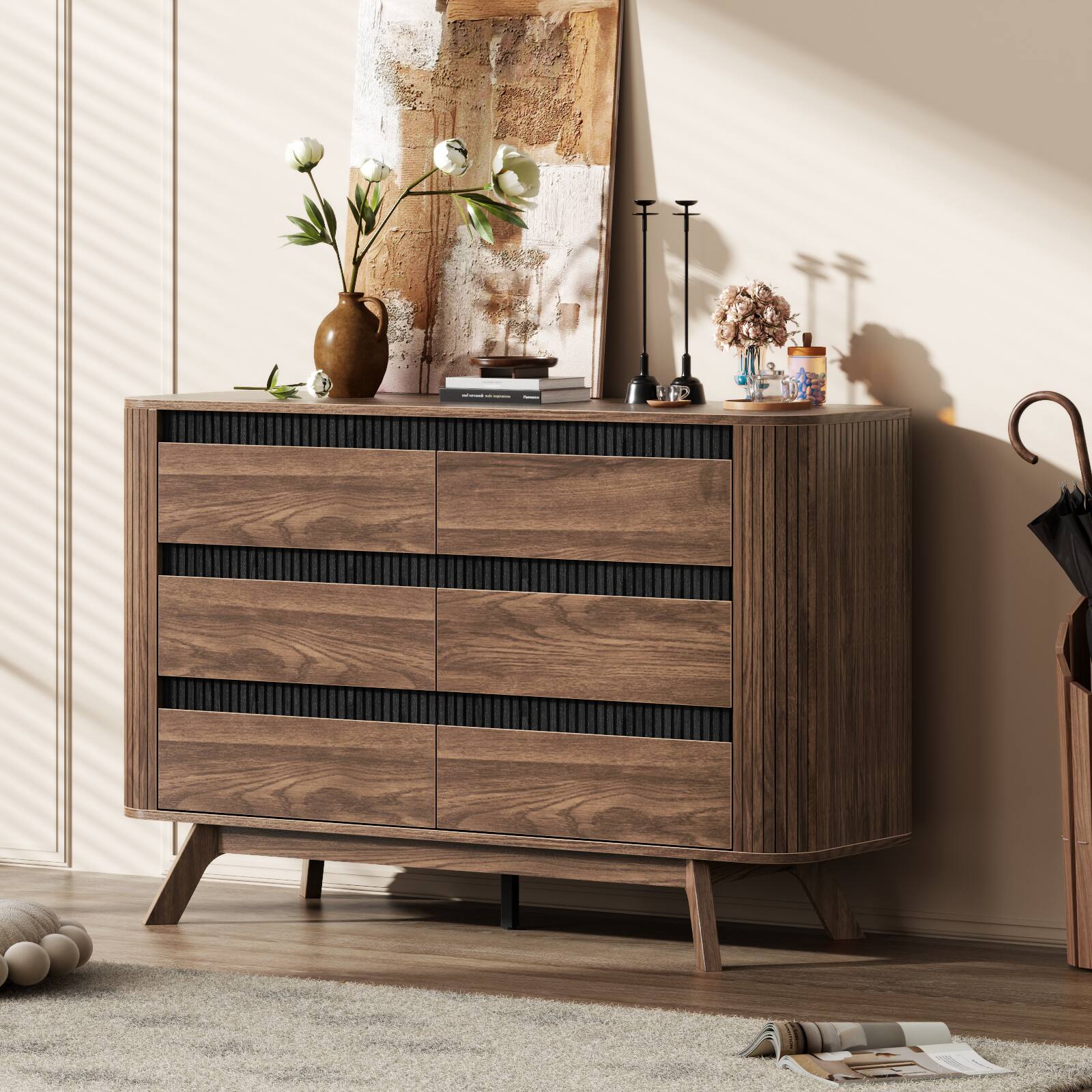 Back. Furnulem - 6 Drawer Fluted Wood Dresser Wide Storage Chest of Drawers Bedroom Cabinet with Spacious Storage - Walnut.