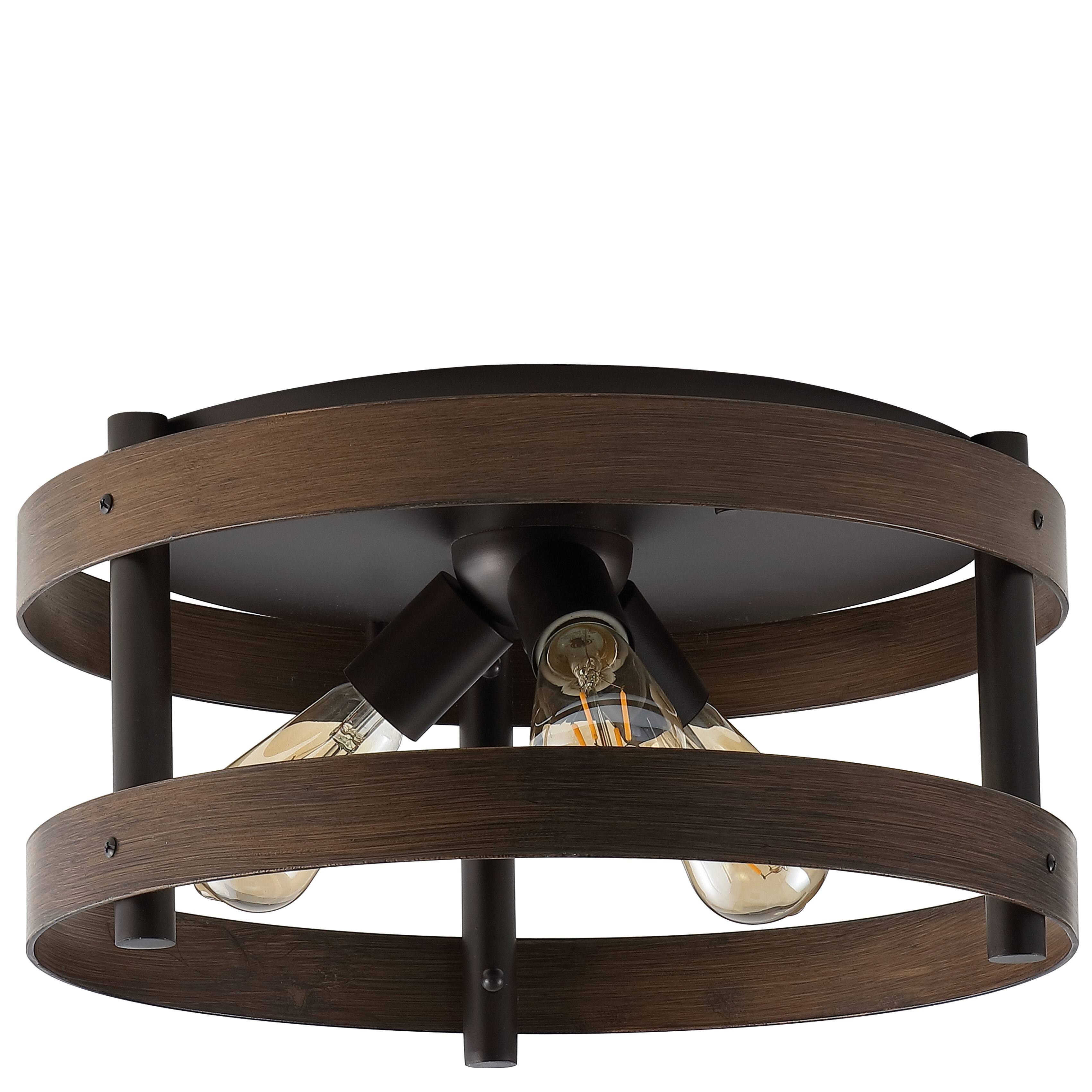 Alt View 4. Jonathan Y - Cooper 16" 3-Light Farmhouse Industrial Iron LED Flush Mount, Brown Wood Finished/Oil Rubbed Bronze - Dark Brown Wood Finish/Oil Rubbed Bronze.