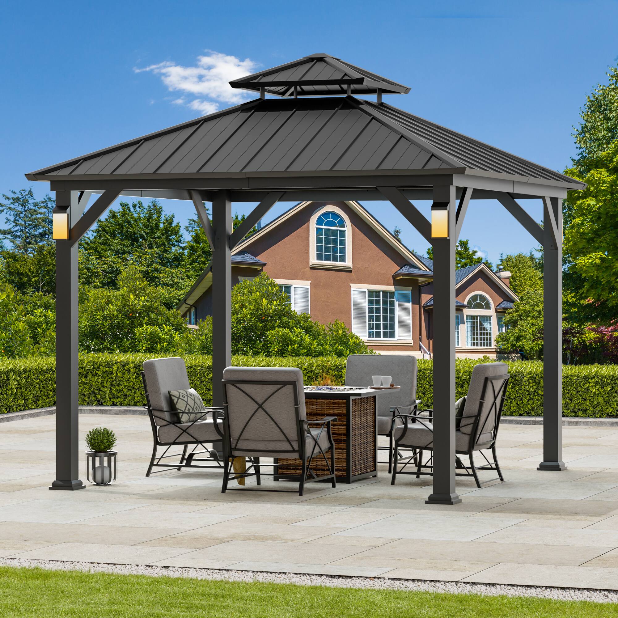 Front. Modern Shade Outdoor Living Spaces - Modern Shade Hardtop Gazebo 10' x 10', Permanent Metal Gazebo with 4 LED Lights, Galvanized Steel Roof & Frame - Black.
