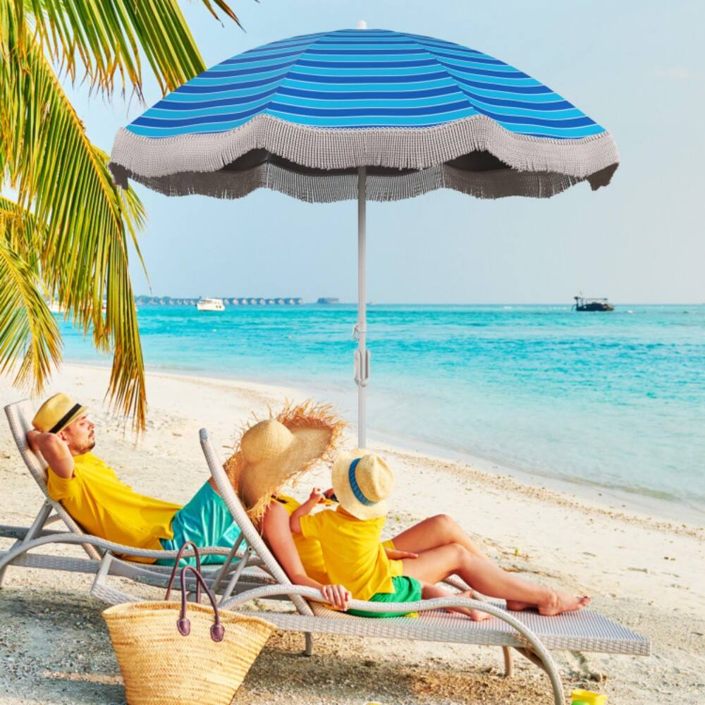 Left. Mondawe - 6.5 FT Beach Umbrella with Fringe Outdoor Tassel Umbrella with Push Button Tilt - Navy.