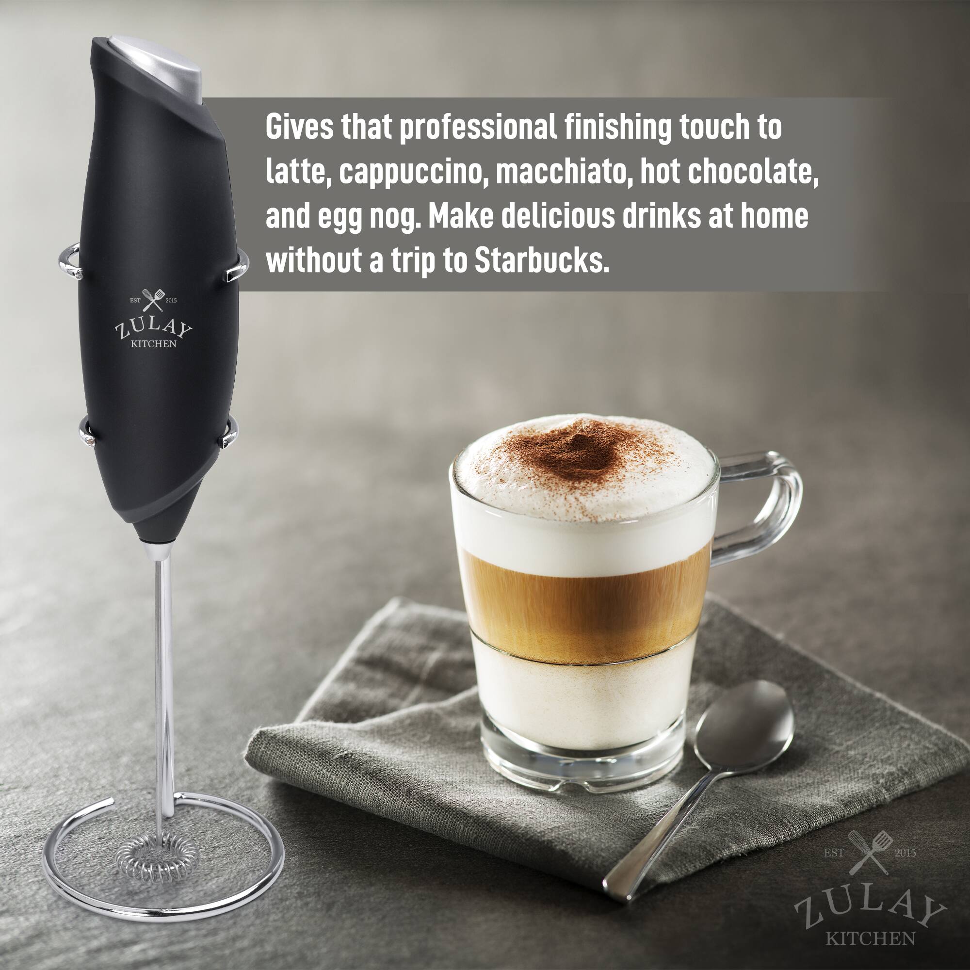 ZULAY KITCHEN Gives that professional finishing touch to latte, cappuccino, macchiato, hot chocolate, and egg nog. Make delicious drinks at home without a trip to Starbucks. FST 2015 ZULAY KITCHEN