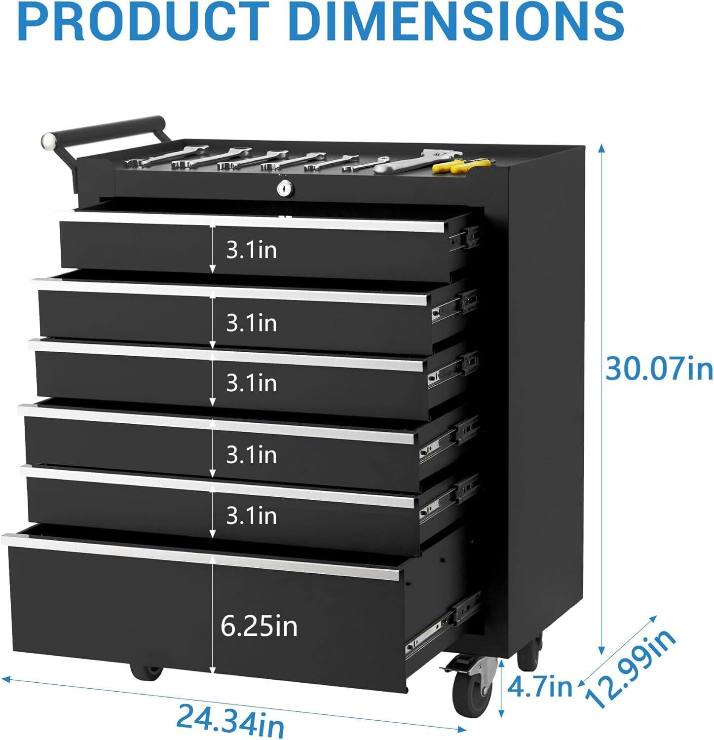 PRODUCT DIMENSIONS

- Height: 30.07in
- Width: 24.34in
- Depth: 12.99in
- Drawer Height: 3.1in (each)
- Bottom Drawer Depth: 6.25in
- Wheel Height: 4.7in