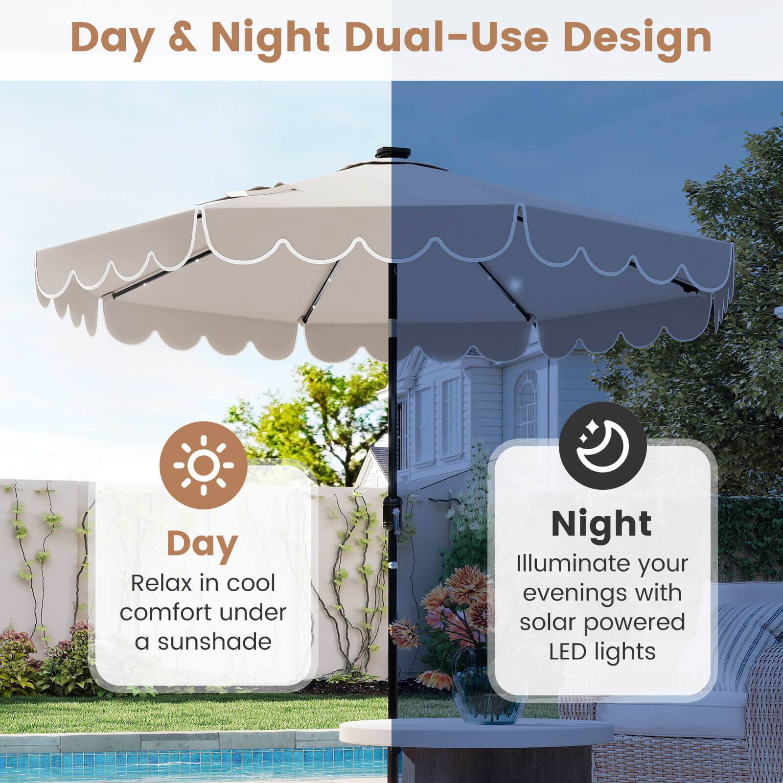 Day & Night Dual-Use Design:

Day: Relax in cool comfort under a sunshade.
Night: Illuminate your evenings with solar powered LED lights.