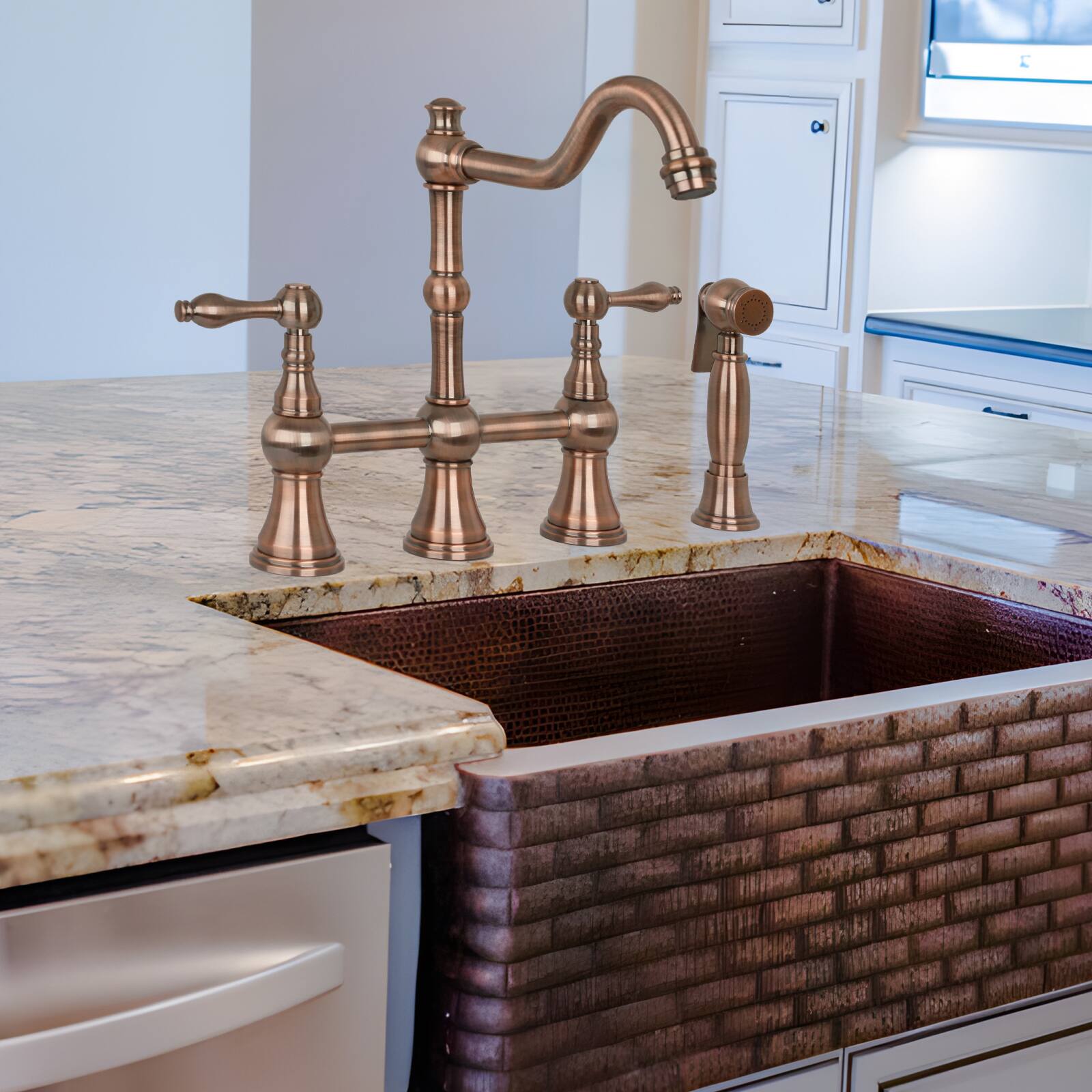 Alt View 6. Akicon - Akicon Solid Brass Bridge Kitchen Faucets with Side Sprayer 2 Lever Handles in Antique Copper - Antique Copper.