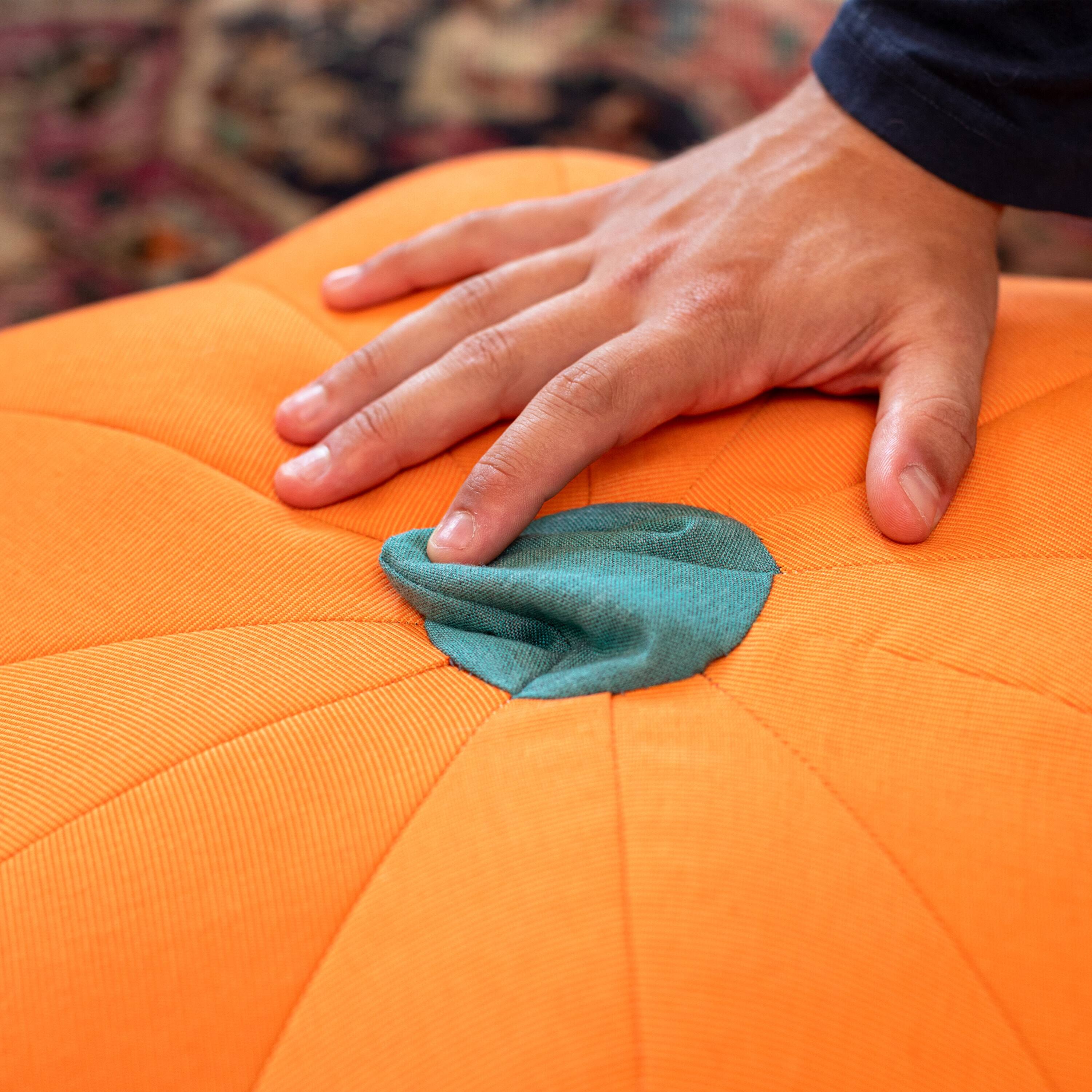 Left. Jaxx - Jaxx Pumpkin Pouf - Luxurious Ottoman for Fall & Halloween Décor - Indoor/Outdoor Sunbrella Tangerine - Sunbrella Breeze.