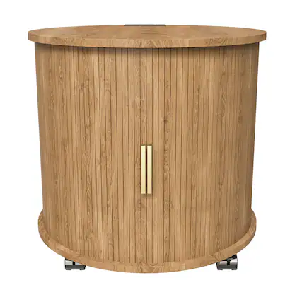 Front. Forest'nSky - Oak Modern Cylinder End Table with Built-in Charging Station & Sliding Door, 2-Tier Storage Round Nightstand Set of 2 - Oak.