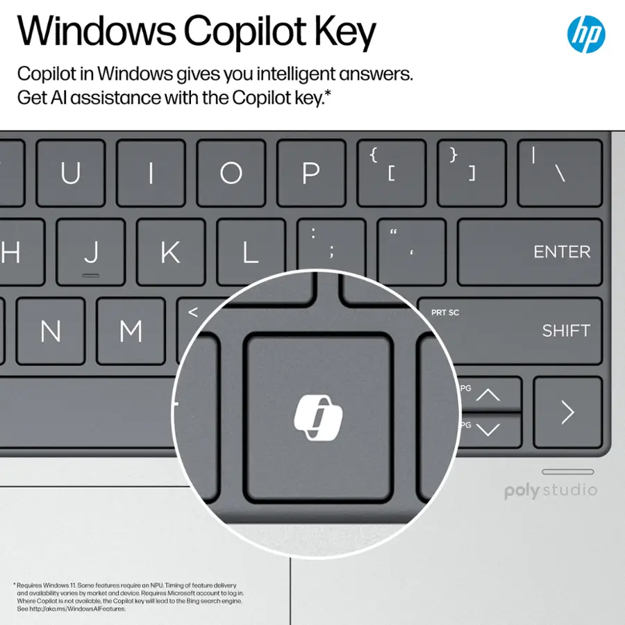 Windows Copilot Key: Copilot in Windows gives you intelligent answers. Get AI assistance with the Copilot key. Requires Windows 11. Some features require an NPU. Timing of feature delivery and availability varies by market and device. Requires Microsoft account to log in. Where Copilot is not available, the Copilot key will lead to the Bing search engine. See <http://okoms/Windows/lFeatures>.
