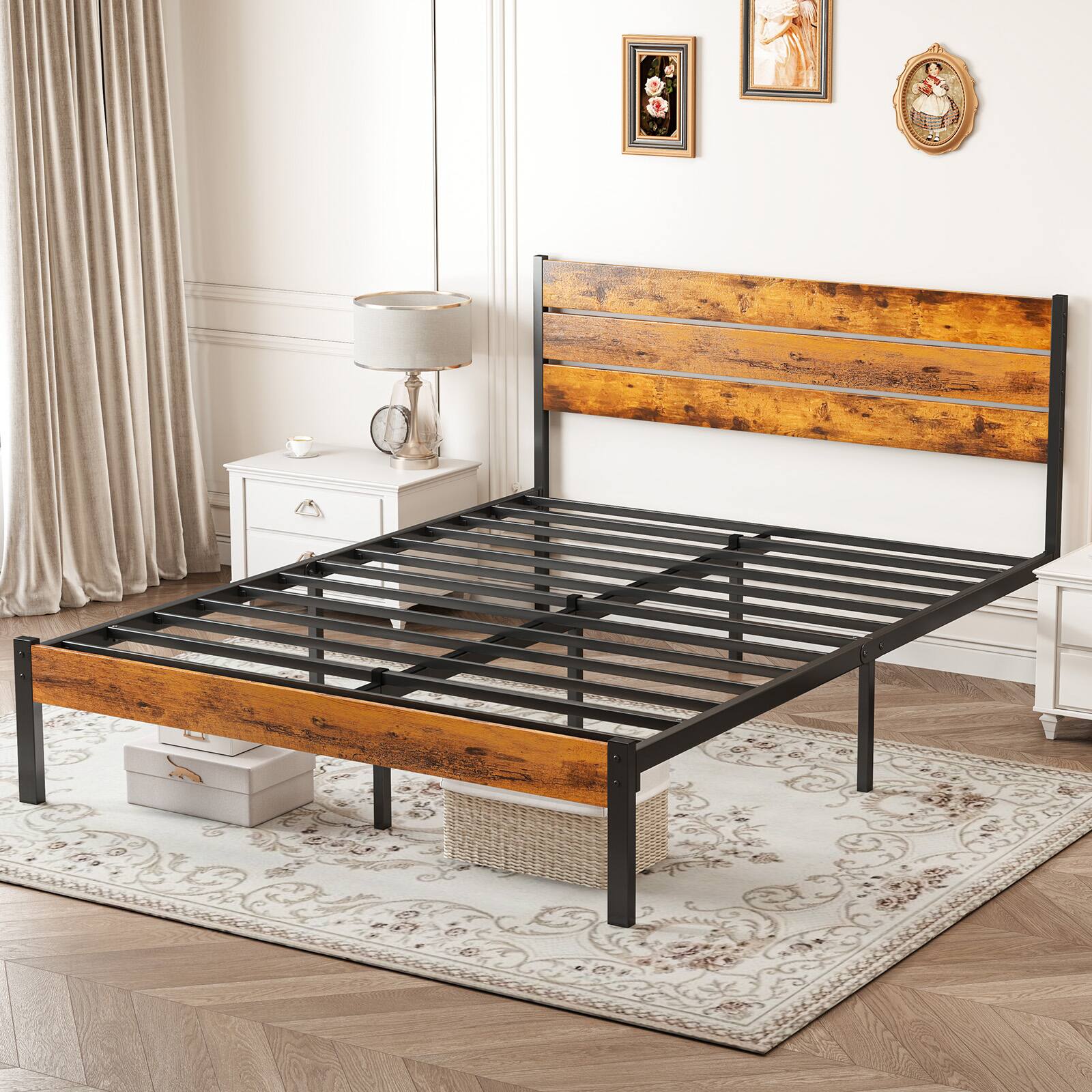 Left. AENKYO - Full Size Metal Platform Bed Frame with Headboard and and Footboard No Box Spring Needed - brown.