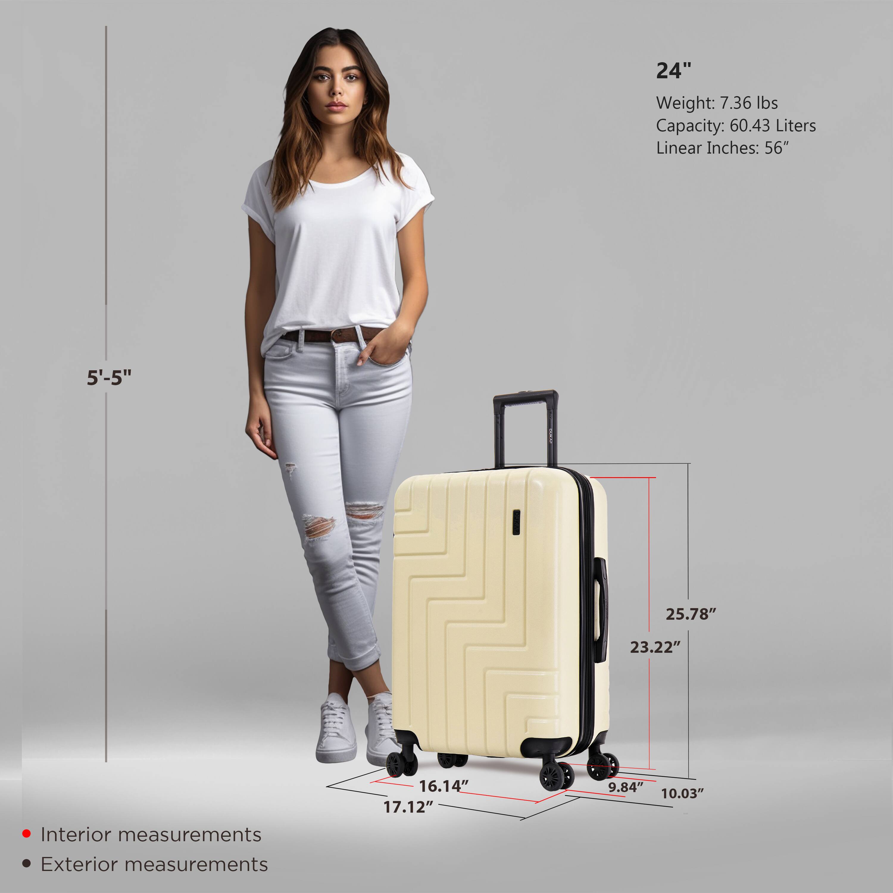 24"  
Weight: 7.36 lbs  
Capacity: 60.43 Liters  
Linear Inches: 56"  

Interior measurements:  
16.14" x 17.12" x 9.84"  

Exterior measurements:  
25.78" x 23.22" x 10.03"  

5'-5"