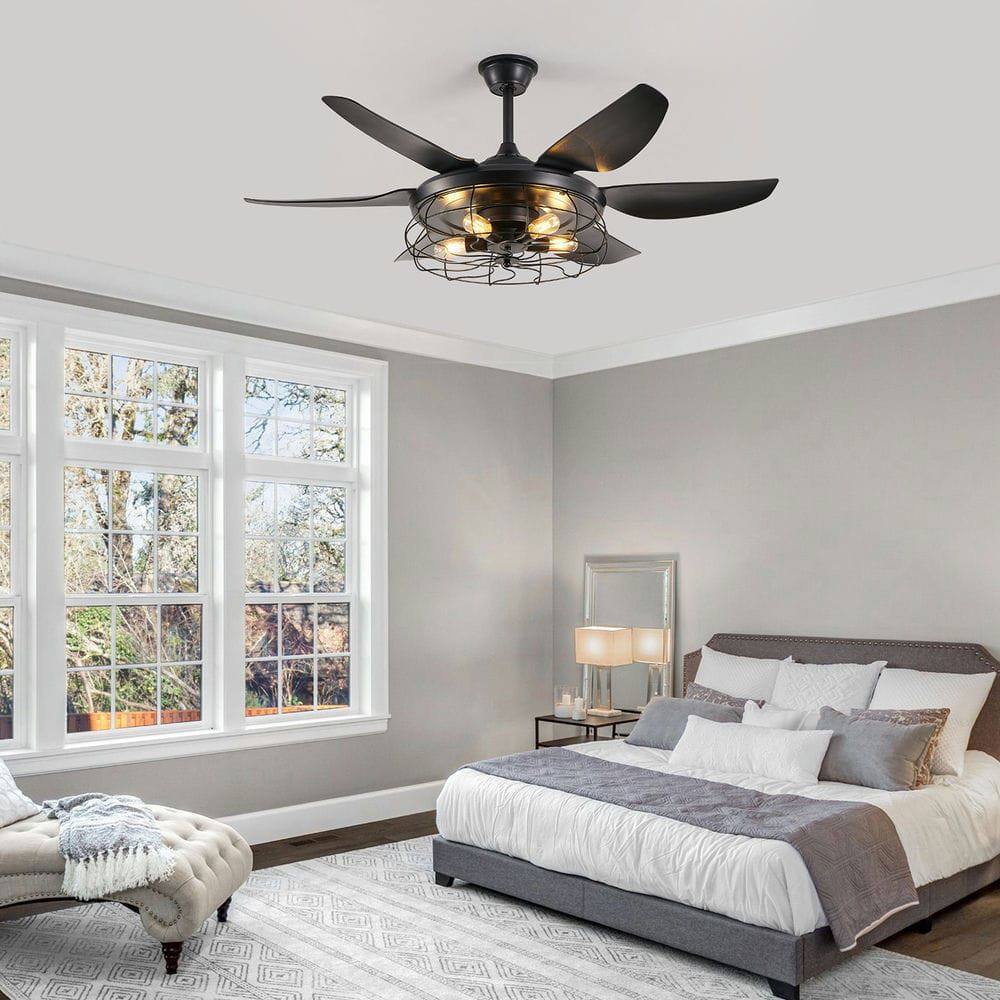 Alt View 2. Kadyn - 52" Modern Black Ceiling Fan with Light, 6 Fan Blades and Industrial Cage Design, Adjustable Speed, Black - Black.