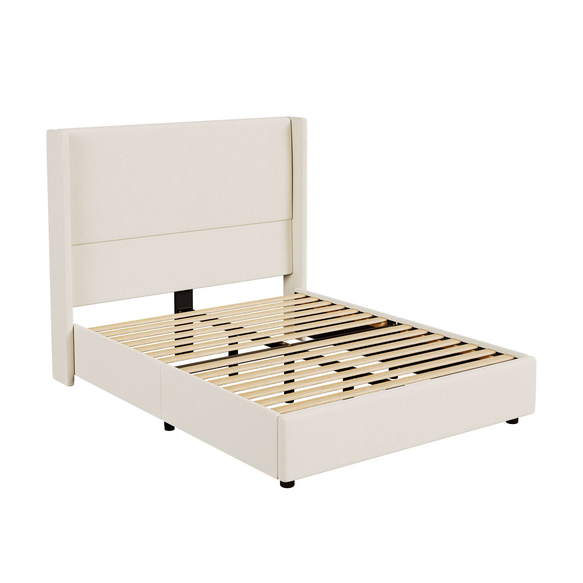 Alt View 5. Dyonery - Queen-Size Padded Platform Bed Frame with Hydraulic Storage / Modern Winged Headboard / No Mattress Required. - Beige.