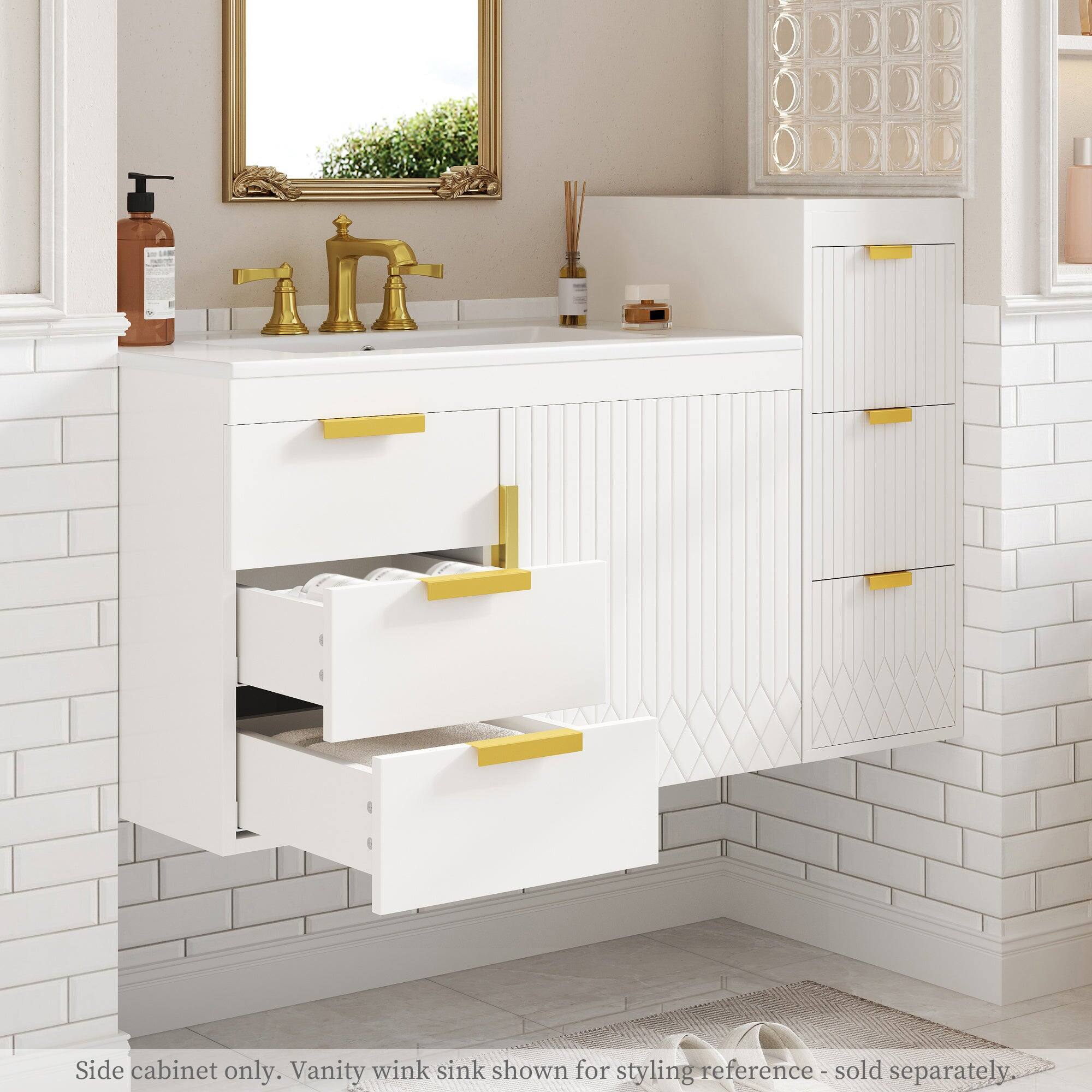 Side cabinet only. Vanity wink sink shown for styling reference - sold separately.
