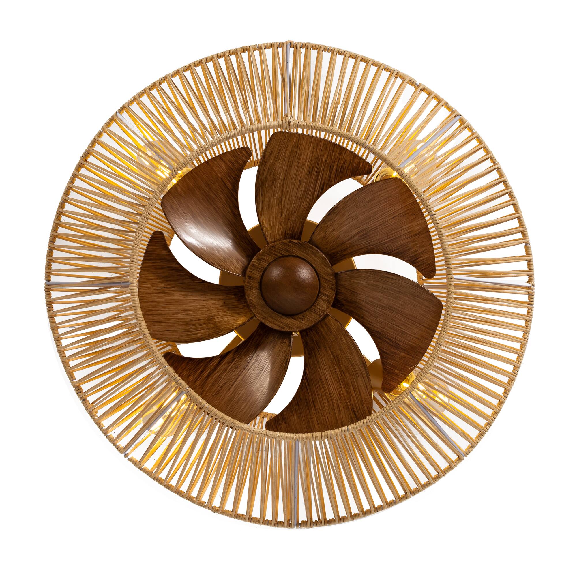 Alt View 9. Breezary - 19" Indoor Caged Rattan Ceiling Fan with LED Light, 7 ABS Blades, 6-Speed, DC Motor, Remote Control with Timer - Gold and Dark Wood Grain.