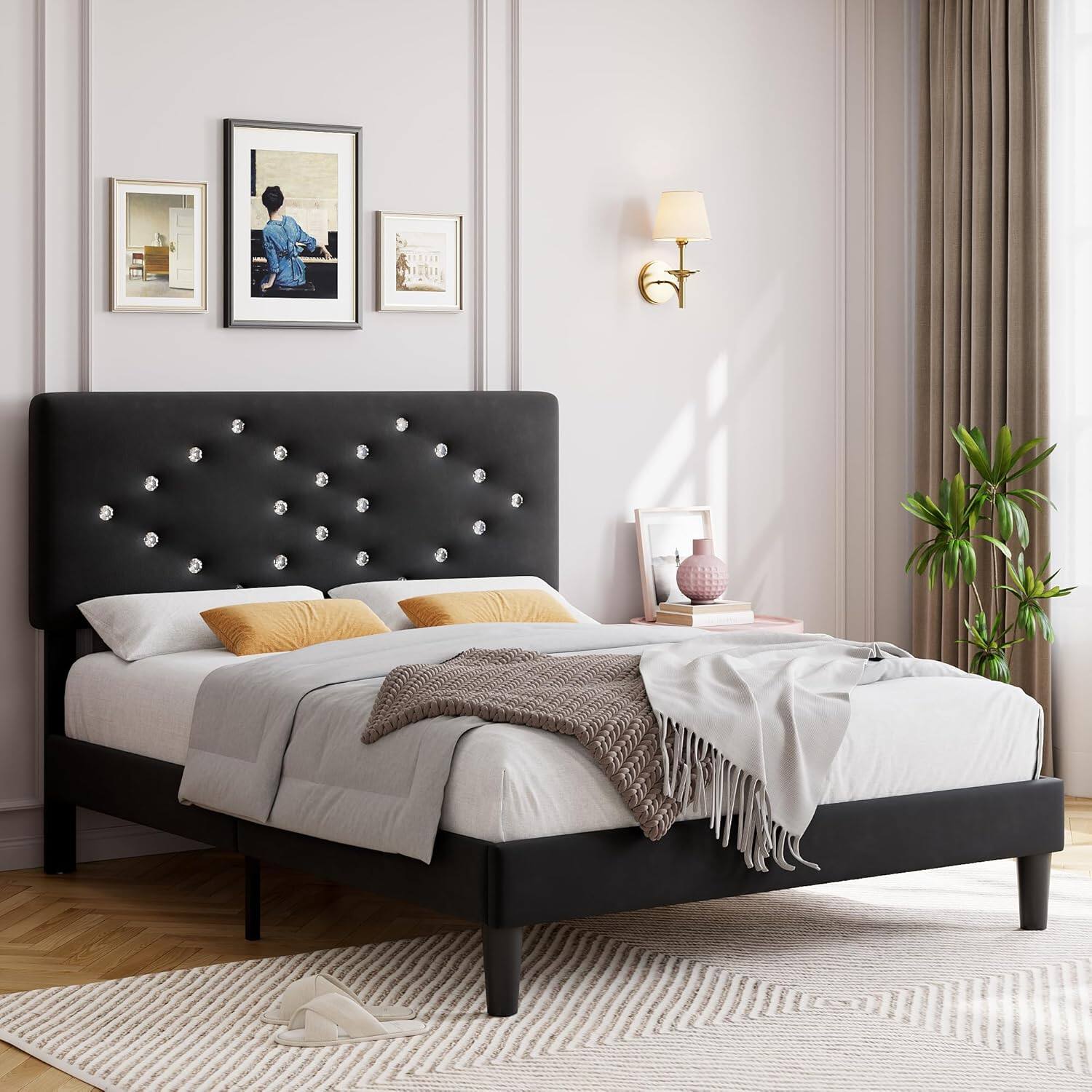Alt View 1. GARVEE - Queen Size Velvet Upholstered Bed Frame with Tufted Headboard, Wood Slat Support, Noise-Free, Easy Assembly, Black - Black.