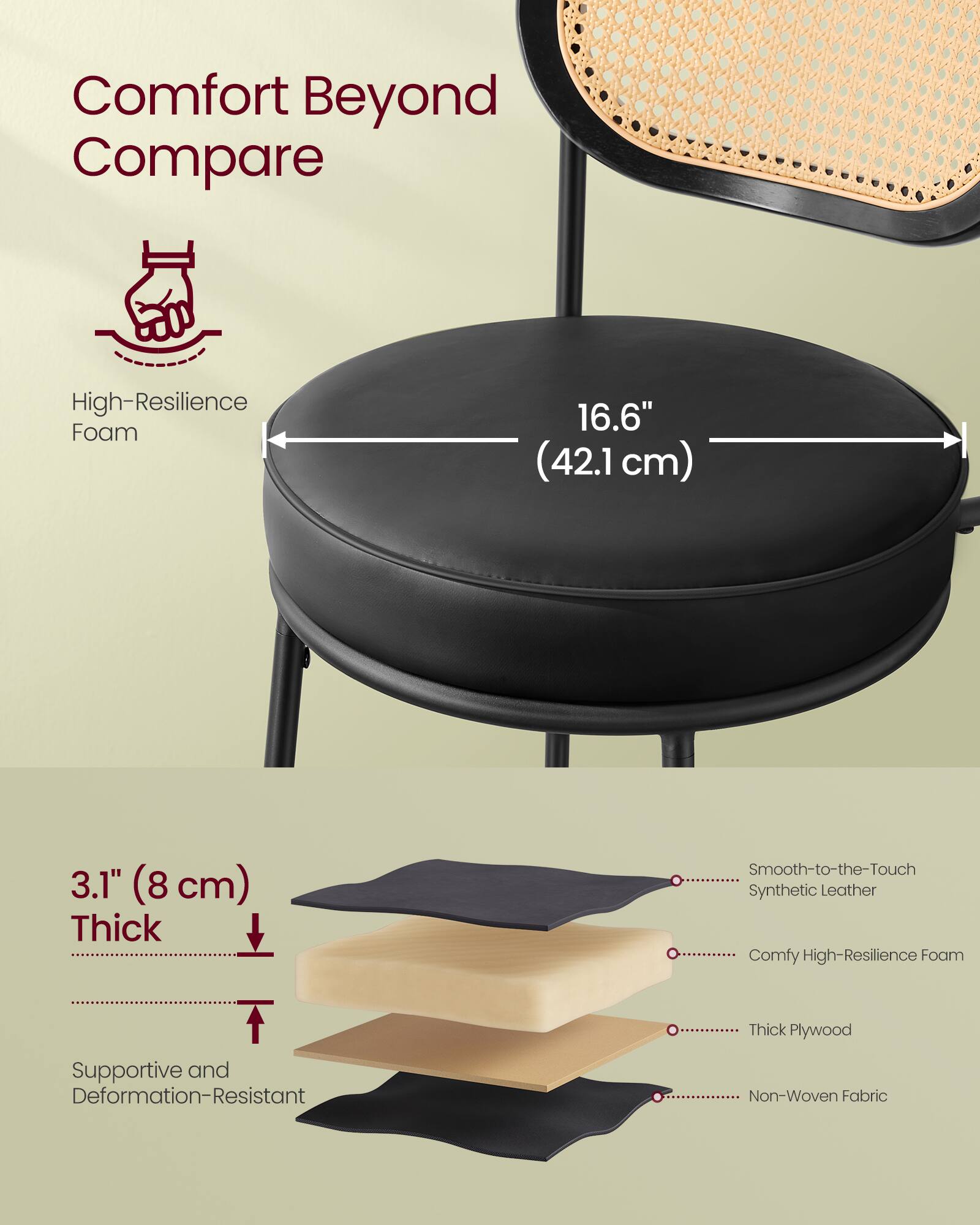 Comfort Beyond Compare

High-Resilience Foam  
16.6" (42.1 cm)  
3.1" (8 cm) Thick  

Smooth-to-the-Touch Synthetic Leather  
Comfy High-Resilience Foam  
Thick Plywood  
Supportive and Deformation-Resistant  
Non-Woven Fabric