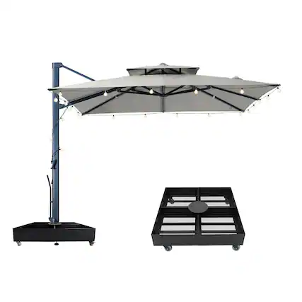 Front. Mondawe - 10x10ft Cantilever Patio Umbrella with DIY Drape Hook and Base - Gray.