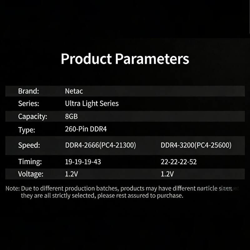 Product Parameters

Brand: Netac  
Series: Ultra Light Series  
Capacity: 8GB  
Type: 260-Pin DDR4  

Speed:  
- DDR4-2666 (PC4-21300)  
- DDR4-3200 (PC4-25600)  

Timing:  
- 19-19-19-43  
- 22-22-22-52  

Voltage: 1.2V  

Note: Due to different production batches, products may have different narticle sizes. They are all strictly selected, please rest assured to purchase.