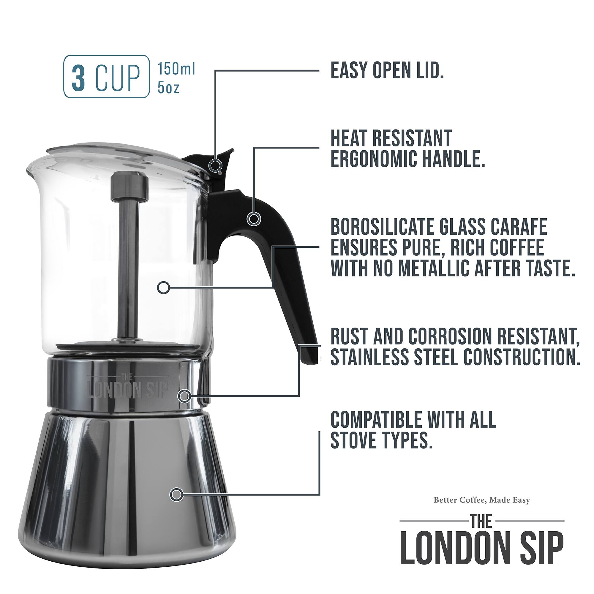 3 CUP 150ml 5oz

EASY OPEN LID.

HEAT RESISTANT ERGONOMIC HANDLE.

BOROSILICATE GLASS CARAFE ENSURES PURE, RICH COFFEE WITH NO METALLIC AFTER TASTE.

RUST AND CORROSION RESISTANT, STAINLESS STEEL CONSTRUCTION.

COMPATIBLE WITH ALL STOVE TYPES.

Better Coffee, Made Easy

THE LONDON SIP