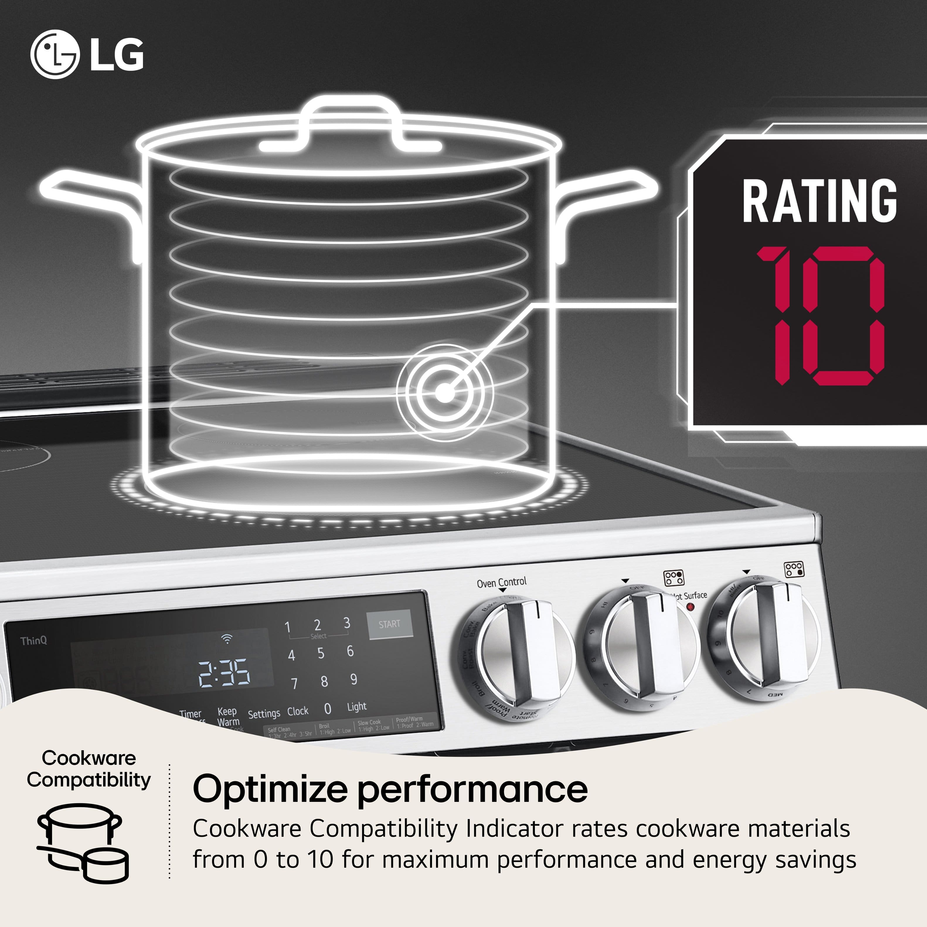 LG RATING 10 Oven Control 68 Surface ThinQ 1 2 -a 4 5 2:35 7 8 imer Keep Settings Clock 0 Warm 3 START 6 9 Light Stng\_to\_tnc h/ts E Cookware Compatibility Optimize performance Cookware Compatibility Indicator rates cookware materials from 0 to 10 for maximum performance and energy savings.