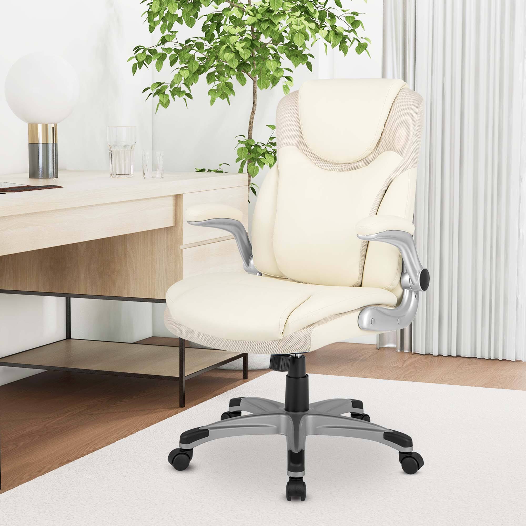 Alt View 3. Costway - Ergonomic Executive PU Leather Office Chair with Swivel and Flip-up Armrests - Beige White.