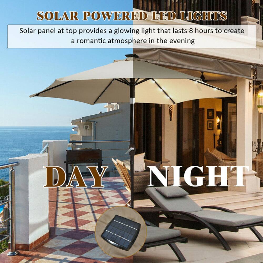 SOLAR POWERED LED LIGHTS  
Solar panel at top provides a glowing light that lasts 8 hours to create a romantic atmosphere in the evening  

DAY NIGHT