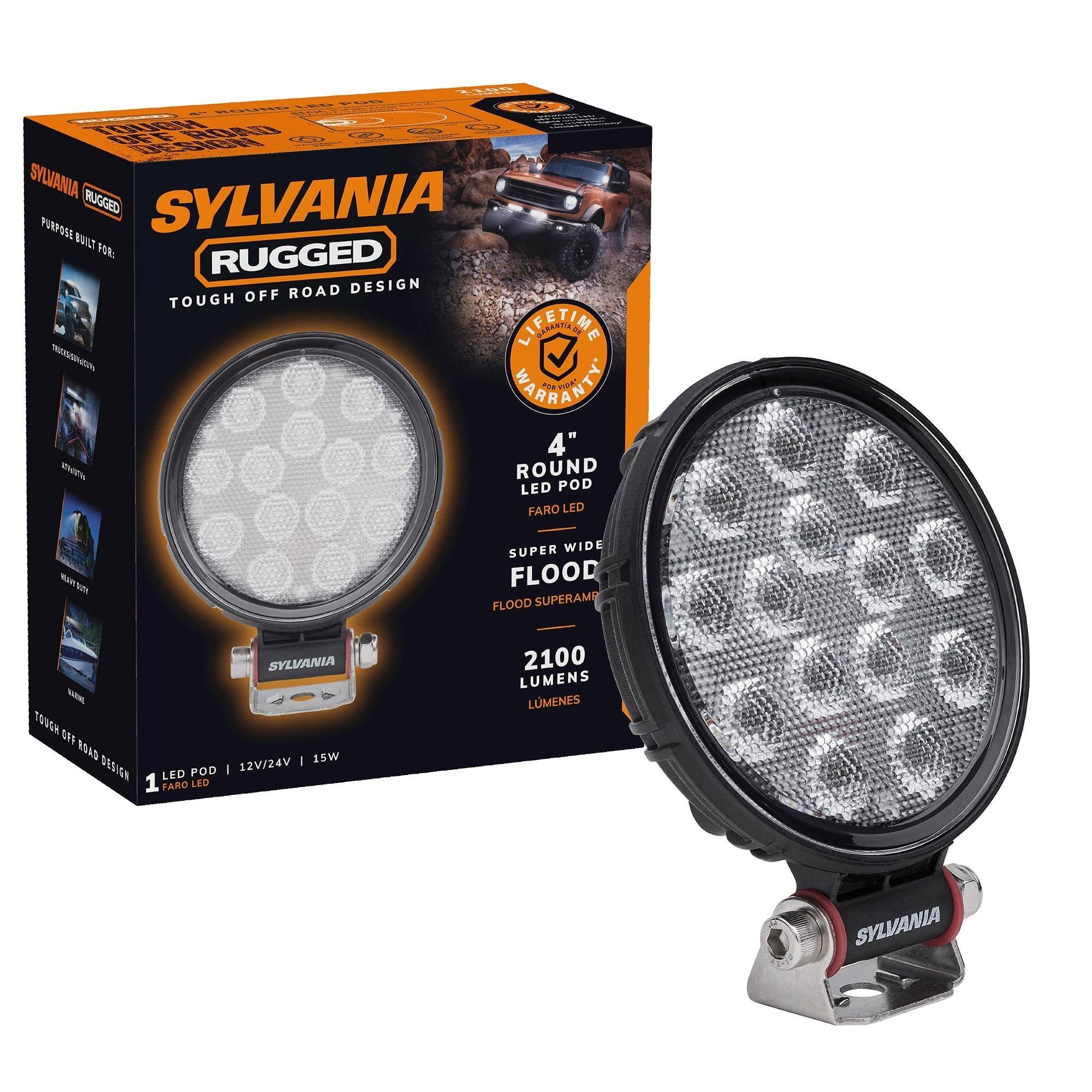 SYLVANIA  
RUGGED  
TOUGH OFF ROAD DESIGN  

4" ROUND LED POD  
FARO LED  
SUPER WIDE FLOOD  
2100 LUMENS  

1 LED POD | 12V/24V | 15W  

SYLVANIA  
RUGGED  
TOUGH OFF ROAD DESIGN  

LIFETIME WARRANTY