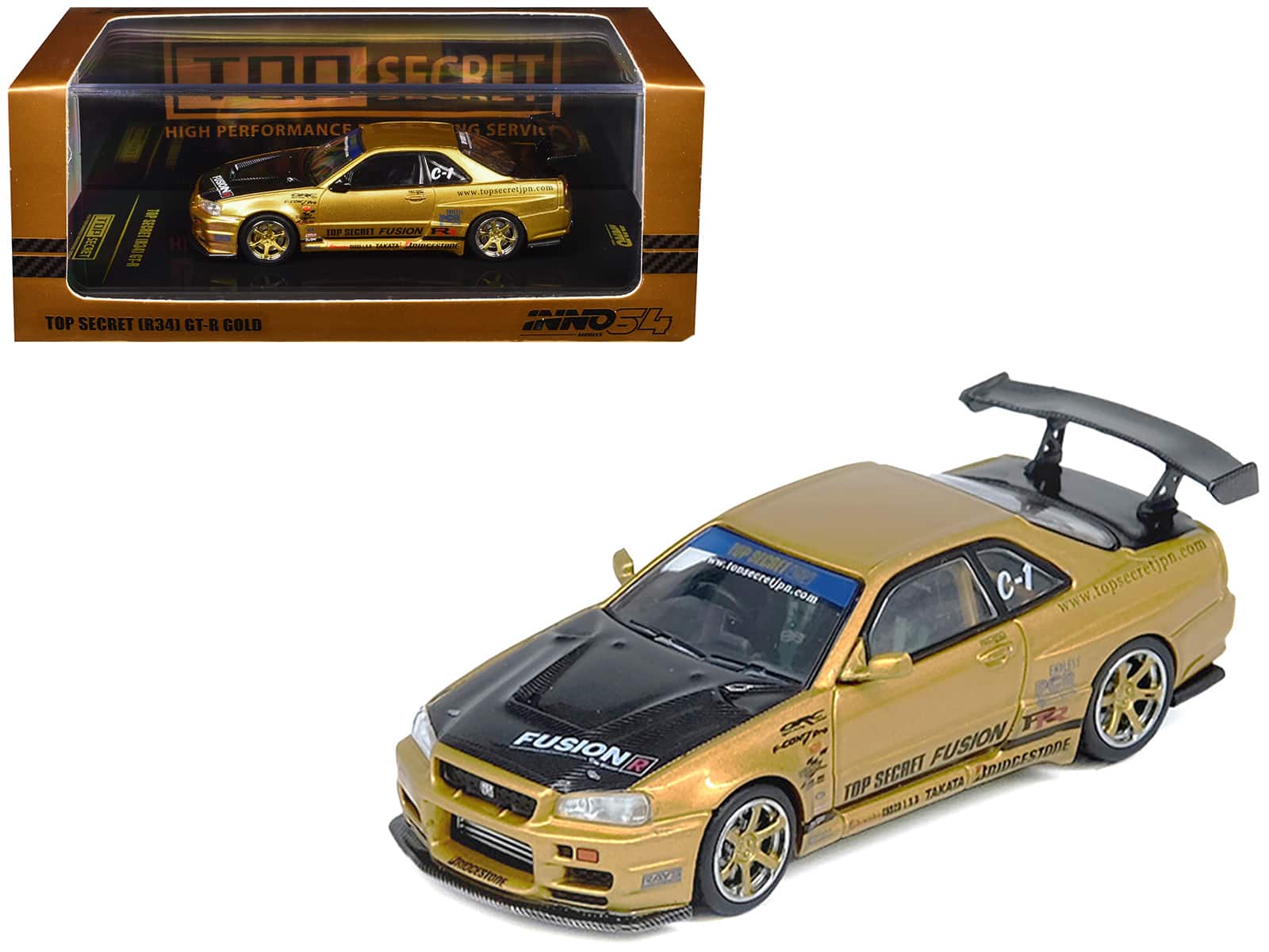 "Nissan Skyline GT-R (R34) RHD ""Top Secret"" Gold Metallic with Carbon Hood and Trunk 1/64 Model Car by Inno Models" price history on PriceWatchPro