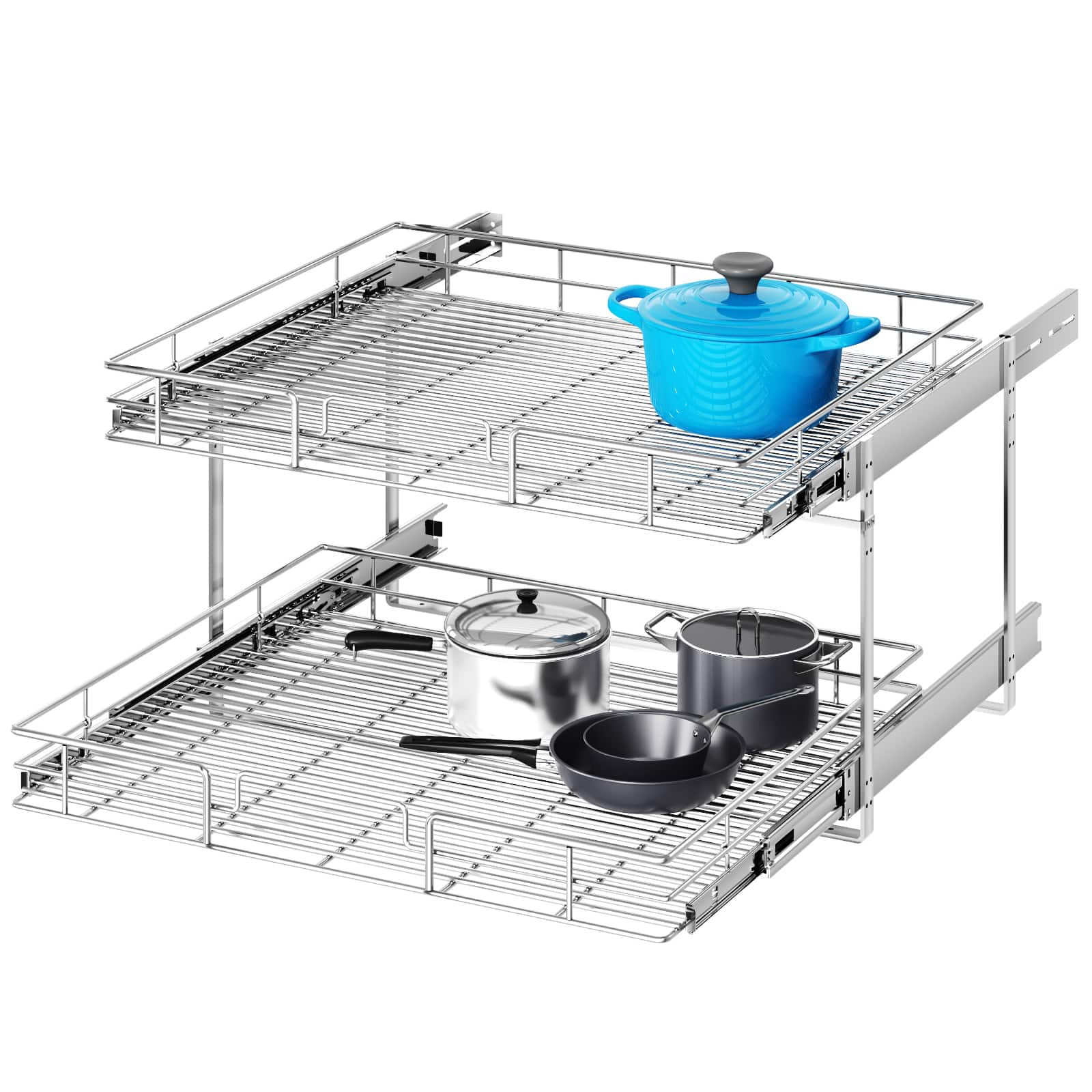 LOVMOR - 2 Tier Individual Pull Out Cabinet Organizer 27inW x 21½inD Slide Out Wood Shelves Organizers Pull Out Drawers - Silver