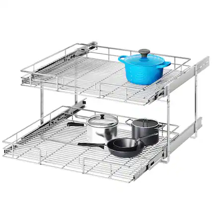 Front. LOVMOR - 2 Tier Individual Pull Out Cabinet Organizer 28½in W x 21½in D Slide Out Kitchen Cabinet Storage Sliding Shelves - Silver.