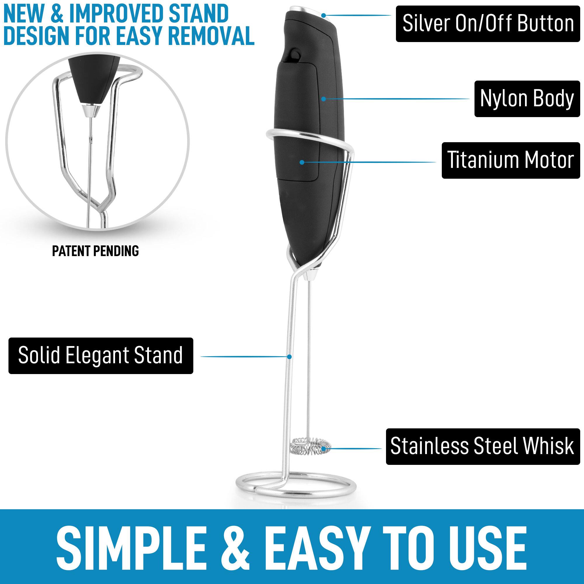NEW & IMPROVED STAND DESIGN FOR EASY REMOVAL

Silver On/Off Button
Nylon Body
Titanium Motor
PATENT PENDING
Solid Elegant Stand
Stainless Steel Whisk

SIMPLE & EASY TO USE