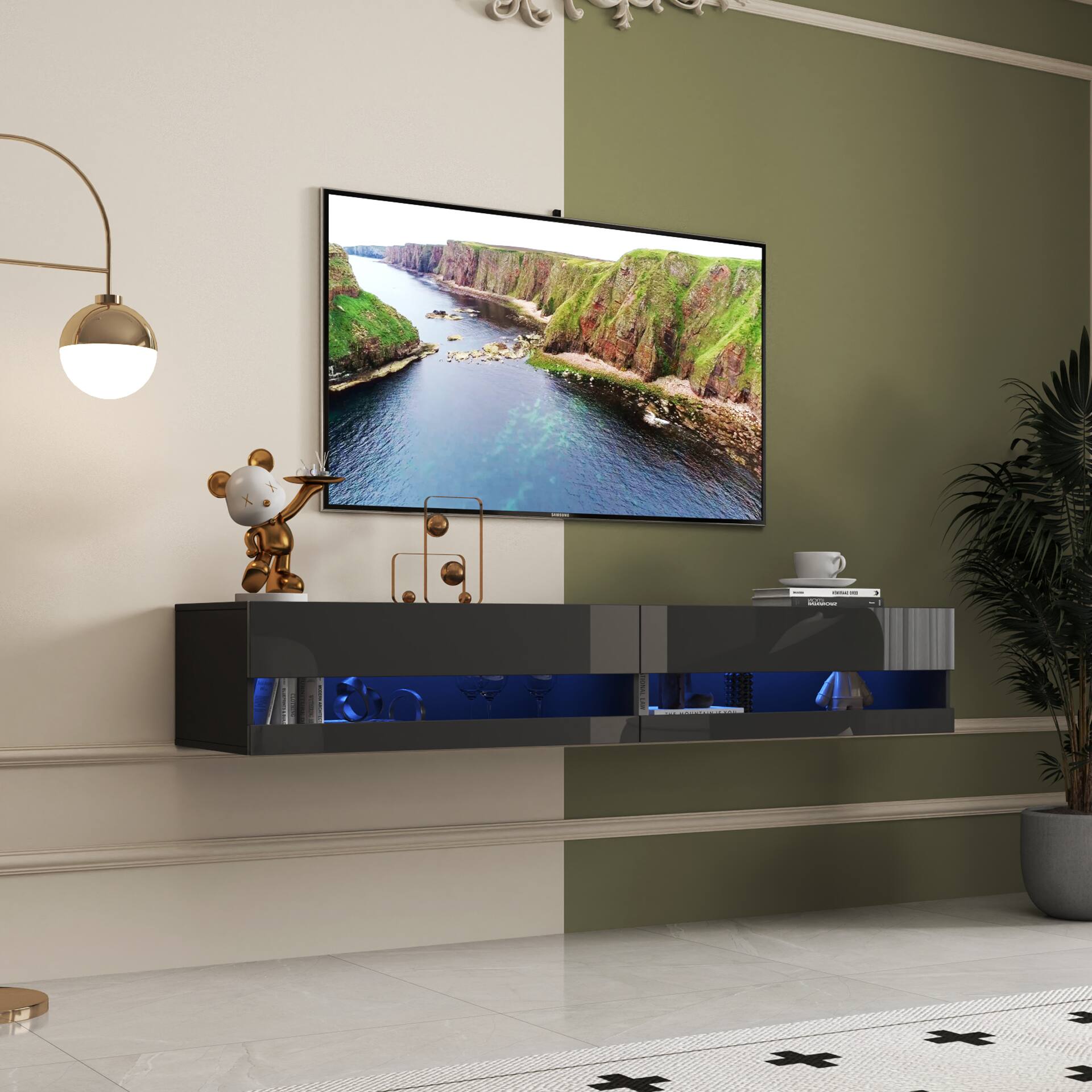 Left. GOODSILO - Wall Mounted Floating TV Stand with LED Lights and Charging Station - Black.