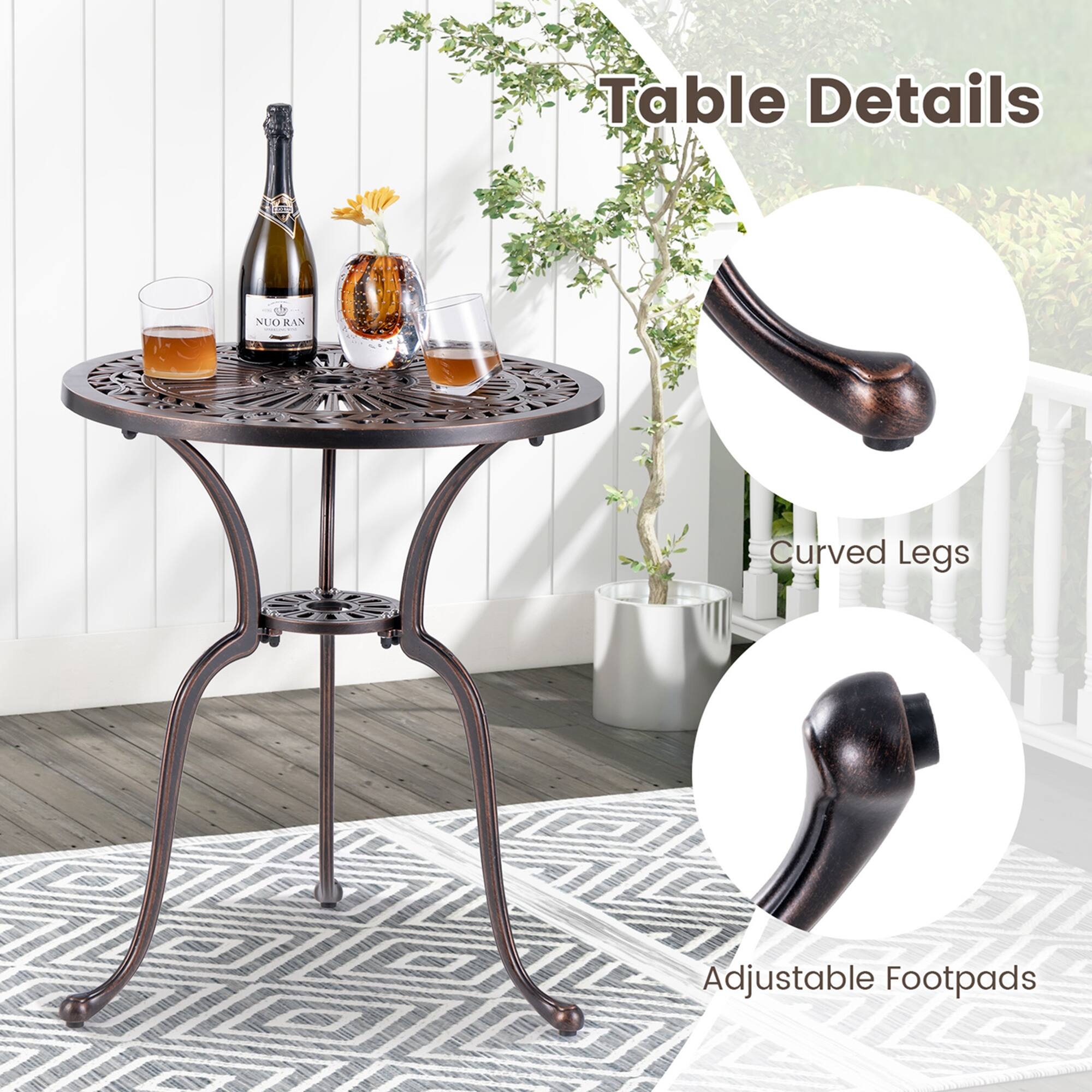 Table Details: Curved Legs, Adjustable Footpads