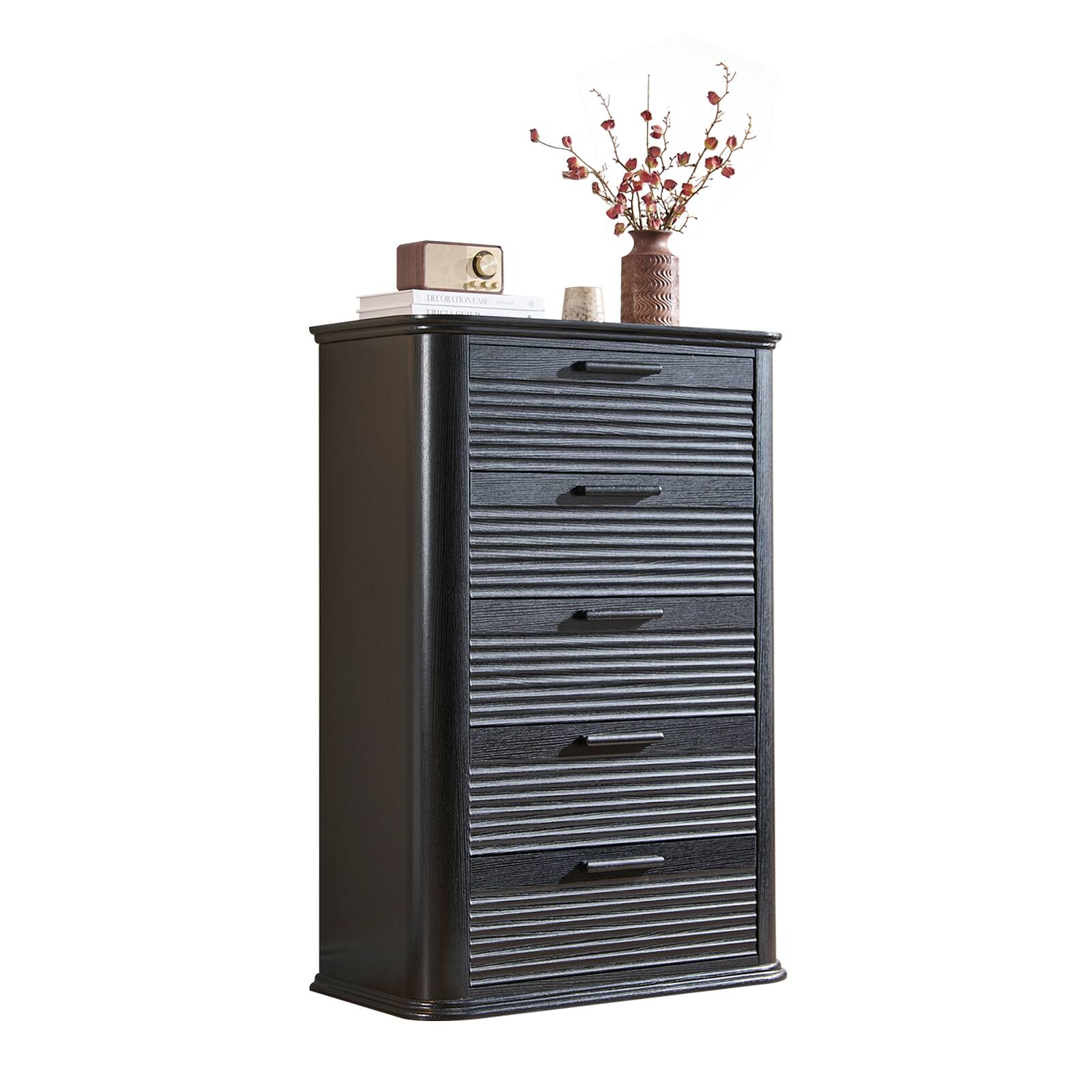 Left. Forest'nSky - Black Wood 5 drawer 31.5 in. Wide Chest of Drawers with Curved Profile Design for Living Room - Black.