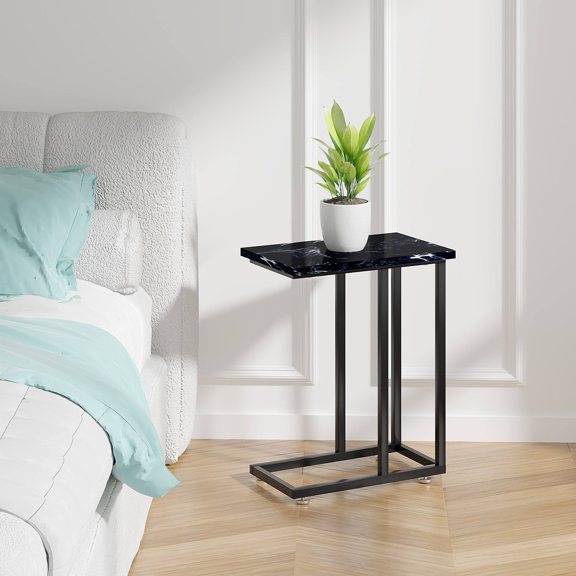 Alt View 1. Vecelo - 2Pack C Shaped End Table for Small Spaces, Sofa Side Table with Metal Frame, Easy to Assemble Snack Table - 2Pcs*Black Marble.