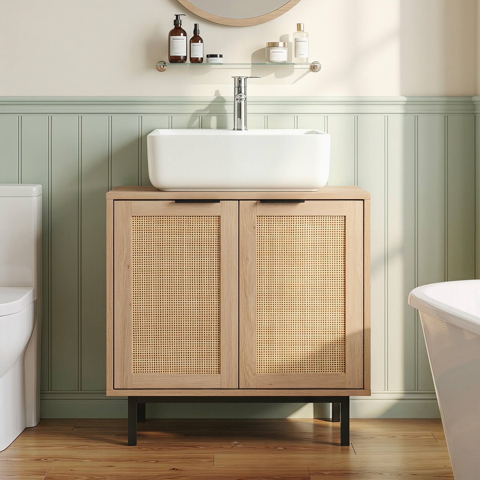 Alt View 1. Costway - Costway Under Sink Storage Cabinet with U-Shaped Cut-Out 2 Rattan Doors & Shelf Metal Legs - Natural.