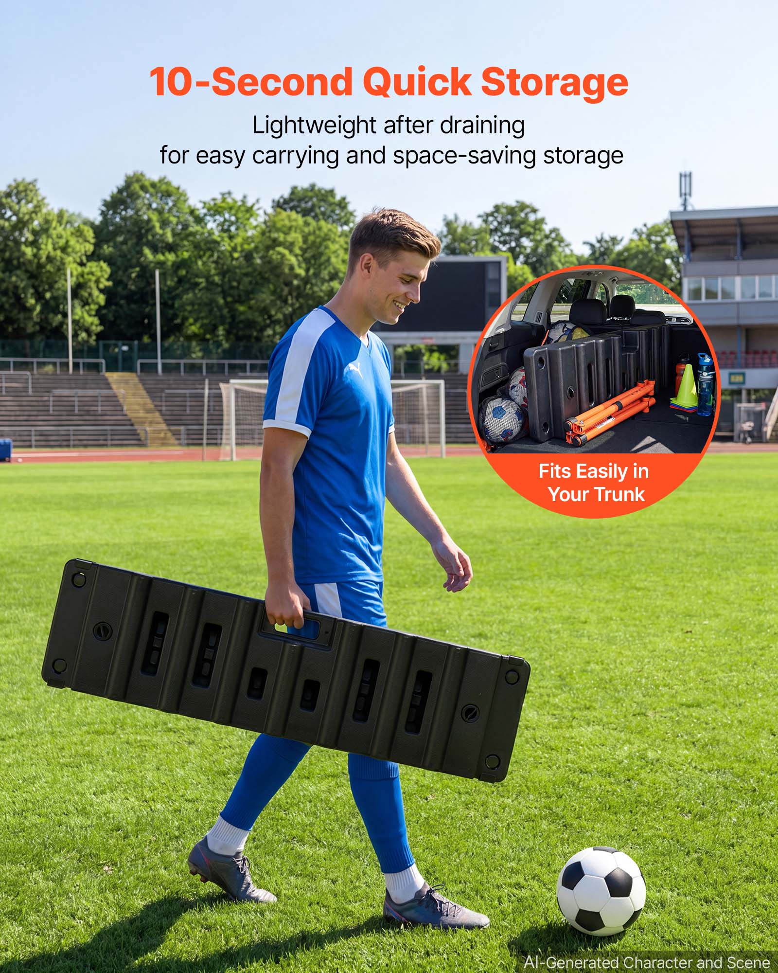 10-Second Quick Storage  
Lightweight after draining for easy carrying and space-saving storage  
Fits Easily in Your Trunk  
AI-Generated Character and Scene