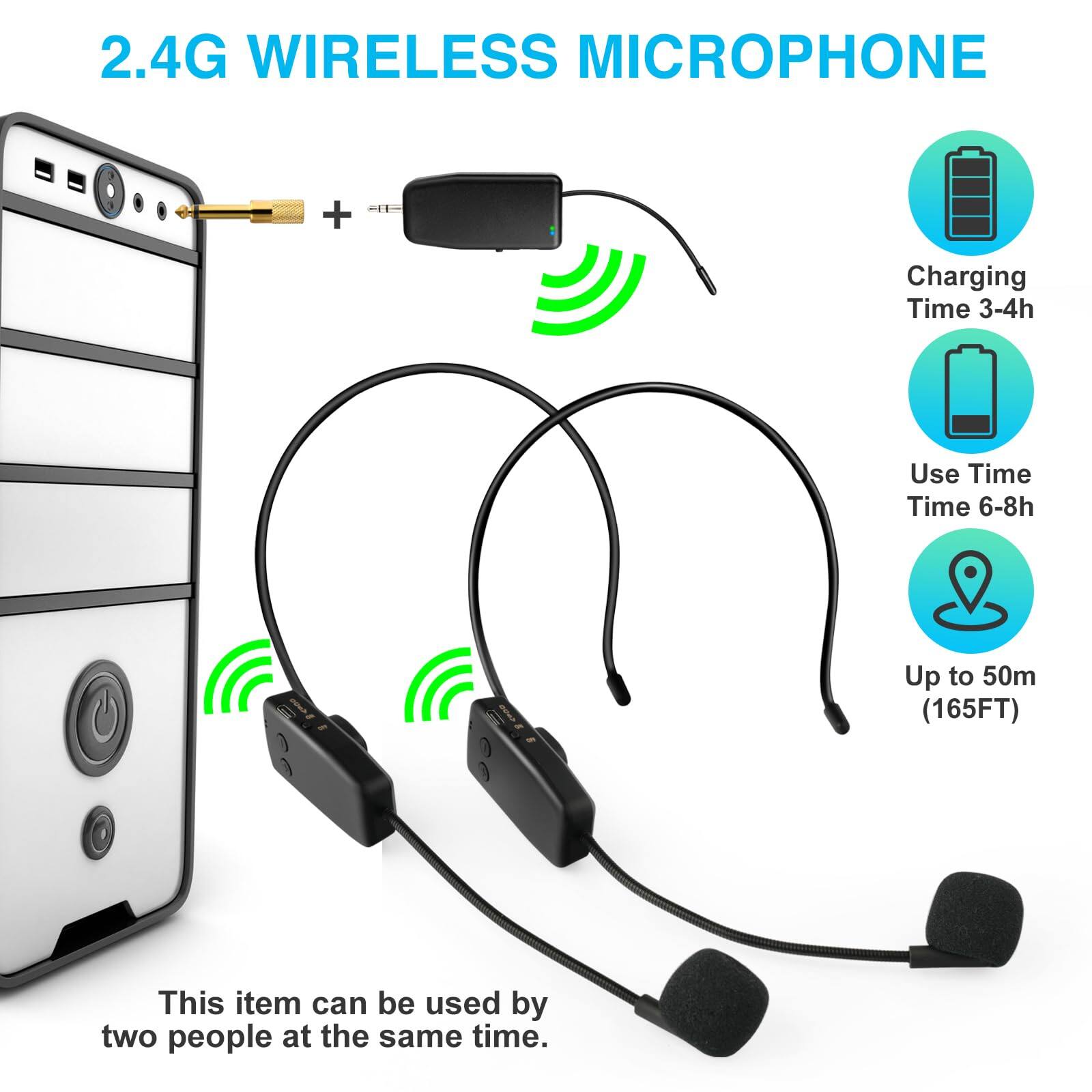 2.4G Wireless Microphone

- Charging Time: 3-4h
- Use Time: 6-8h
- Range: Up to 50m (165FT)

This item can be used by two people at the same time.