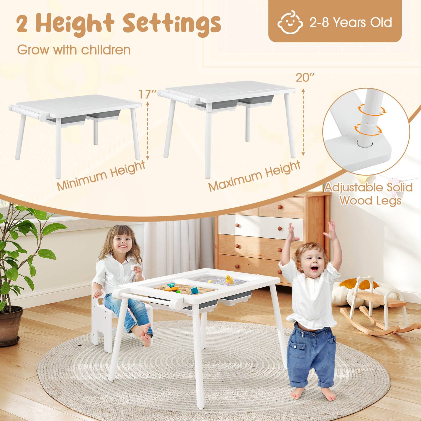 The image features a table with two height settings, designed to grow with children aged 2 to 8 years old. The table has a minimum height of 17 inches and a maximum height of 20 inches, making it adjustable to accommodate the growing child. The table also has solid wood legs, providing stability and durability. The image shows a little girl and a little boy sitting at the table, enjoying their time together.